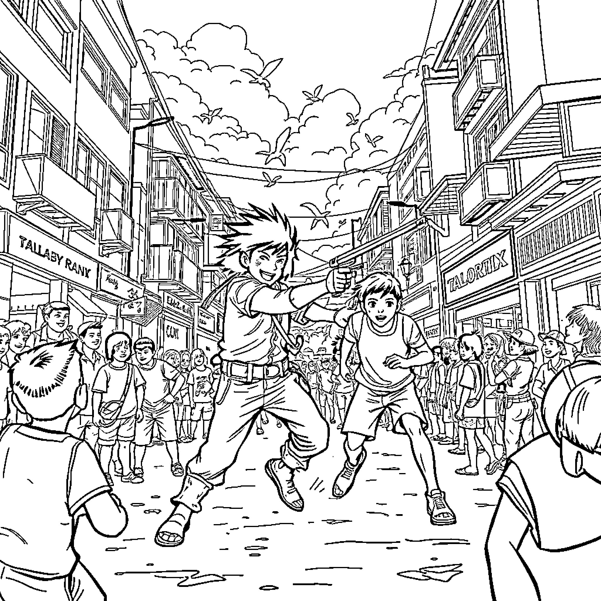 Huntrix: Animated Heroes Evading Pursuit in City Streets Coloring Page (free black-and-white line drawing printable PDF for all, from beginners to advanced learners, including children, teens, adults, and seniors)