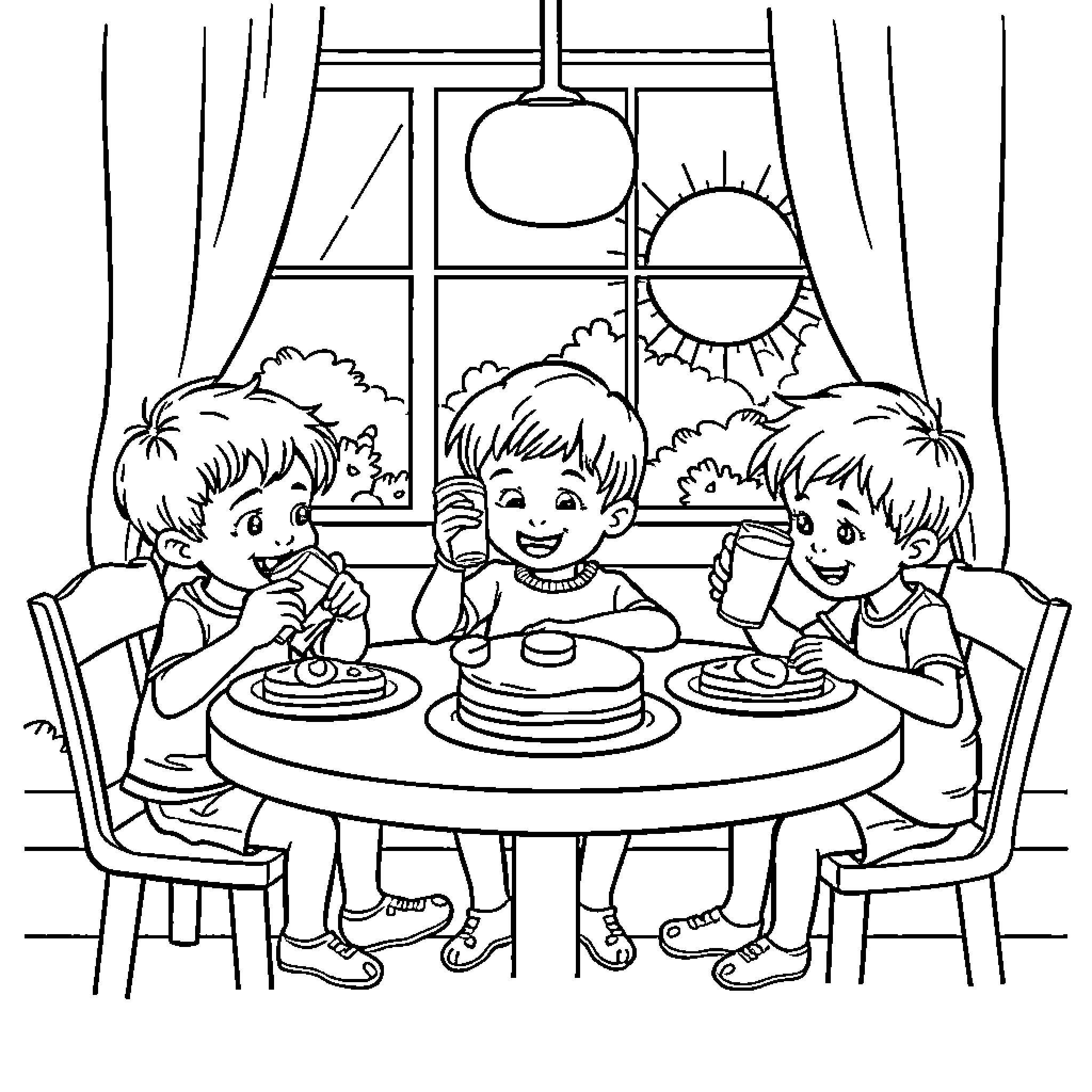 Kid friends eating pancakes together at home Coloring Page (free black-and-white line drawing printable PDF for all, from beginners to advanced learners, including children, teens, adults, and seniors)