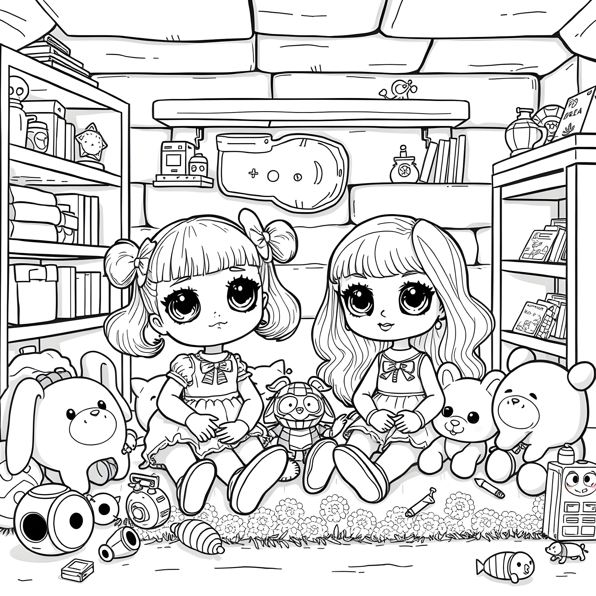 Doll Friends Playing Together in Cozy Room Coloring Page (free black-and-white line drawing printable PDF for all, from beginners to advanced learners, including children, teens, adults, and seniors)