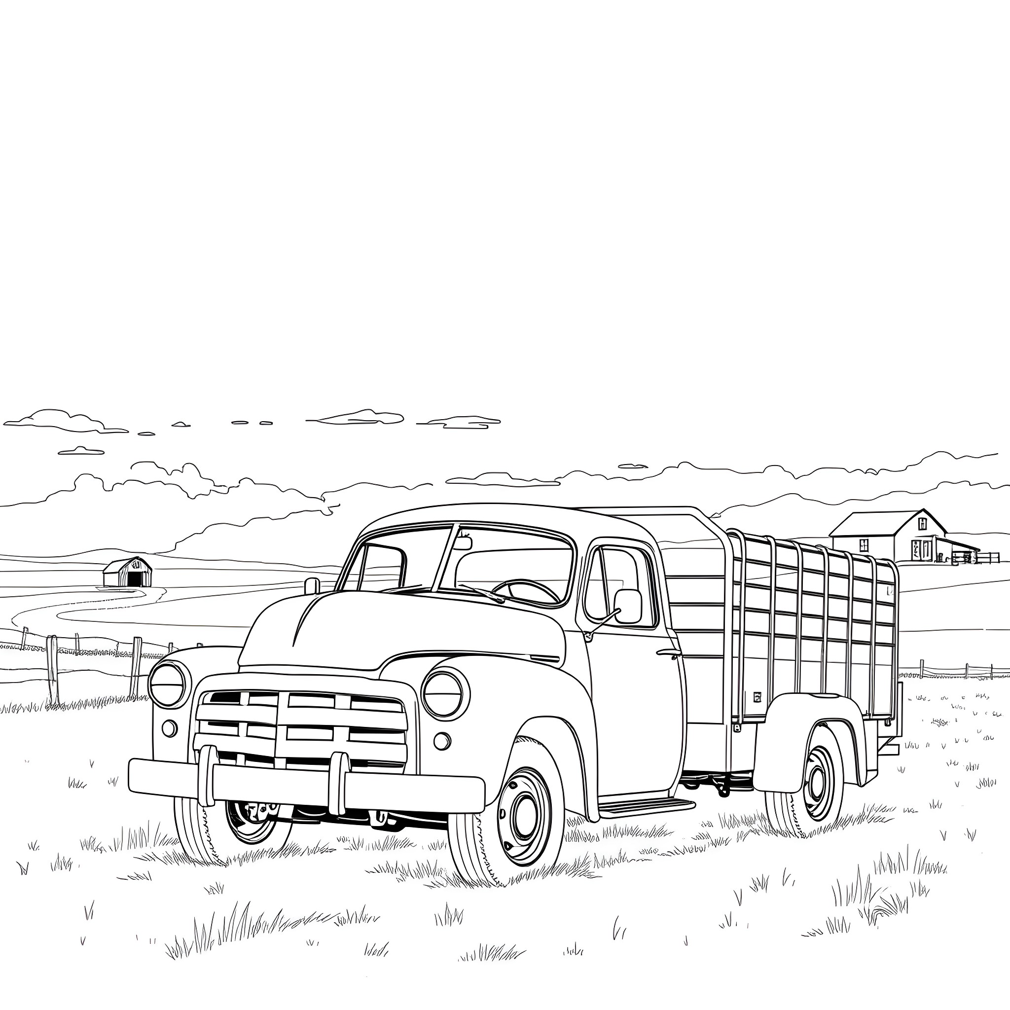Pickup Truck carrying cargo on country road Coloring Page (free black-and-white line drawing printable PDF for all, from beginners to advanced learners, including children, teens, adults, and seniors)