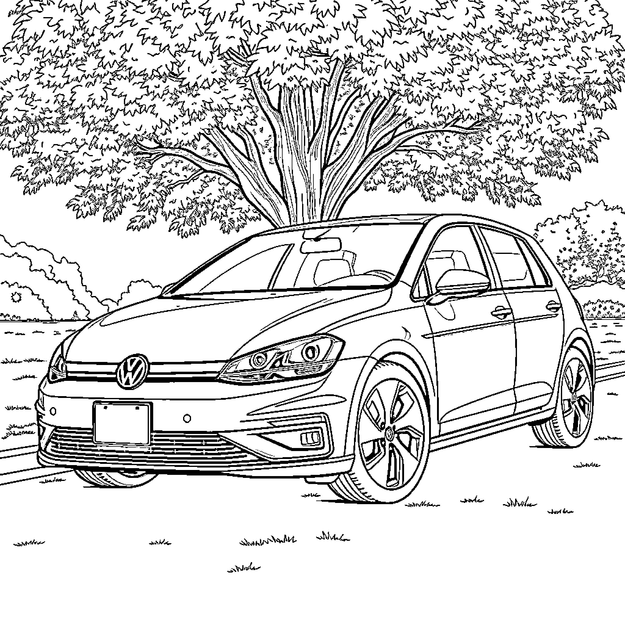 VW e-Golf parked in nature Coloring Page (free black-and-white line drawing printable PDF for all, from beginners to advanced learners, including children, teens, adults, and seniors)