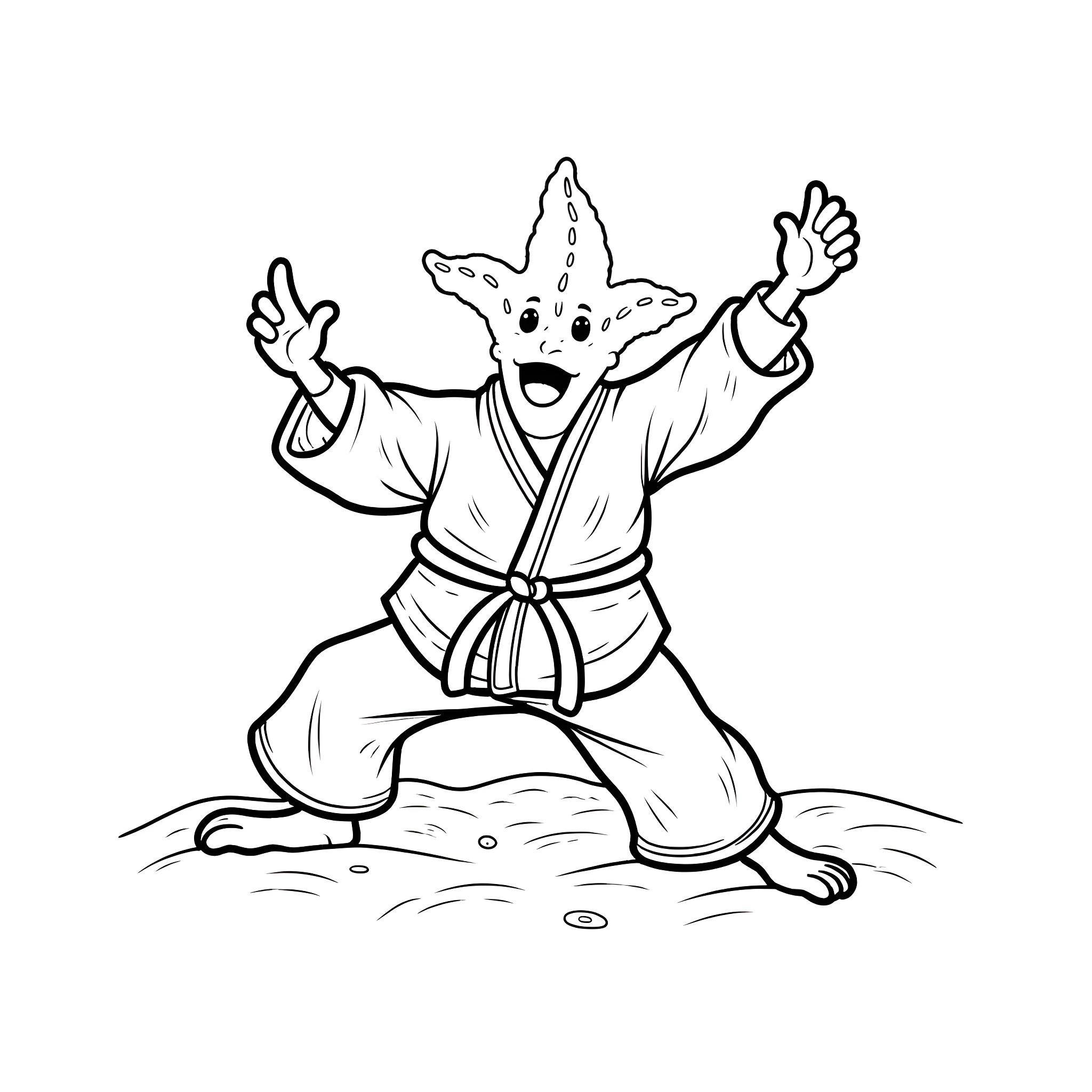 Starfish Practicing Martial Arts Enthusiastically Coloring Page (free black-and-white line drawing printable PDF for all, from beginners to advanced learners, including children, teens, adults, and seniors)