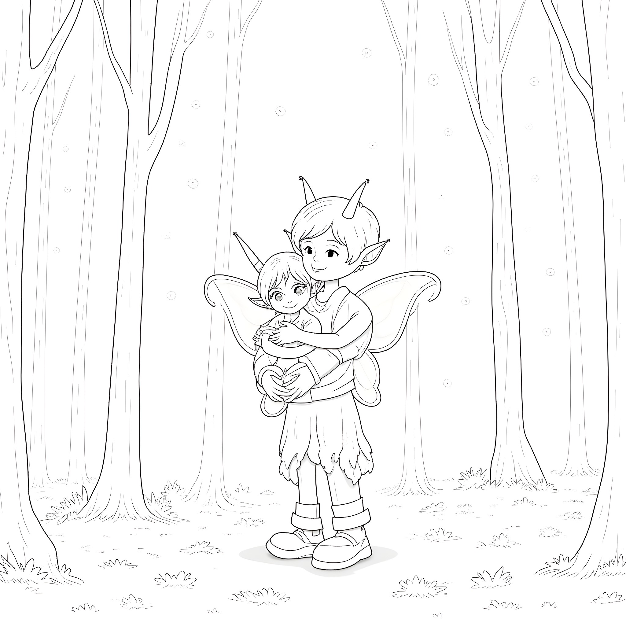 Demon siblings embracing in the enchanted forest Coloring Page (free black-and-white line drawing printable PDF for all, from beginners to advanced learners, including children, teens, adults, and seniors)