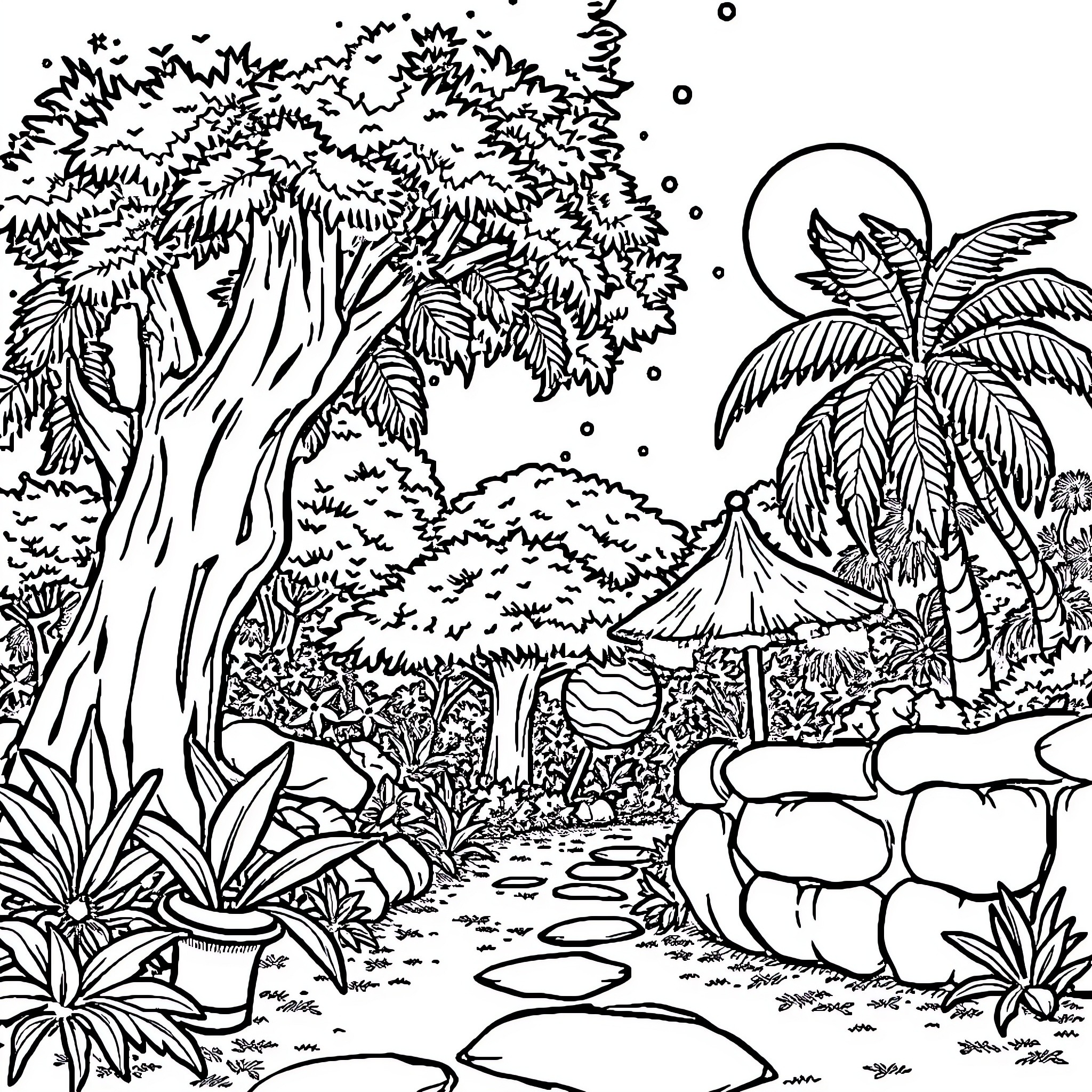 Anything featuring a lush tropical landscape with palm trees and a tent in the background Coloring Page (free black-and-white line drawing printable PDF for all, from beginners to advanced learners, including children, teens, adults, and seniors)