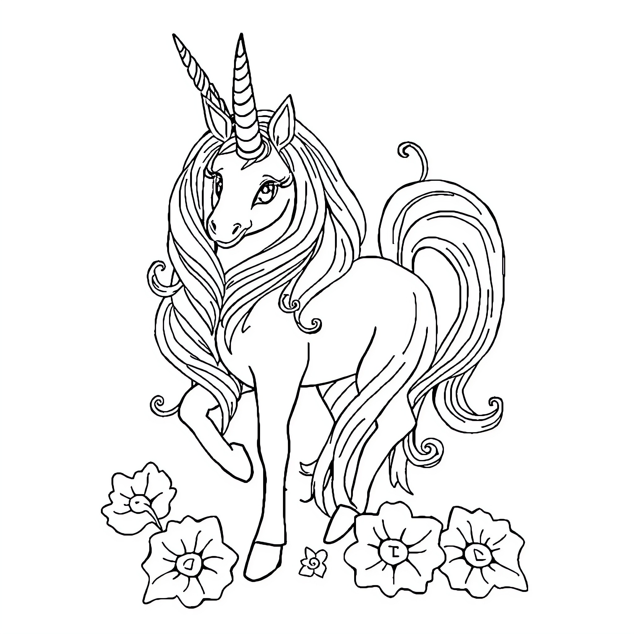 Unicorn standing amidst enchanting floral elements Coloring Page (free black-and-white line drawing printable PDF for all, from beginners to advanced learners, including children, teens, adults, and seniors)