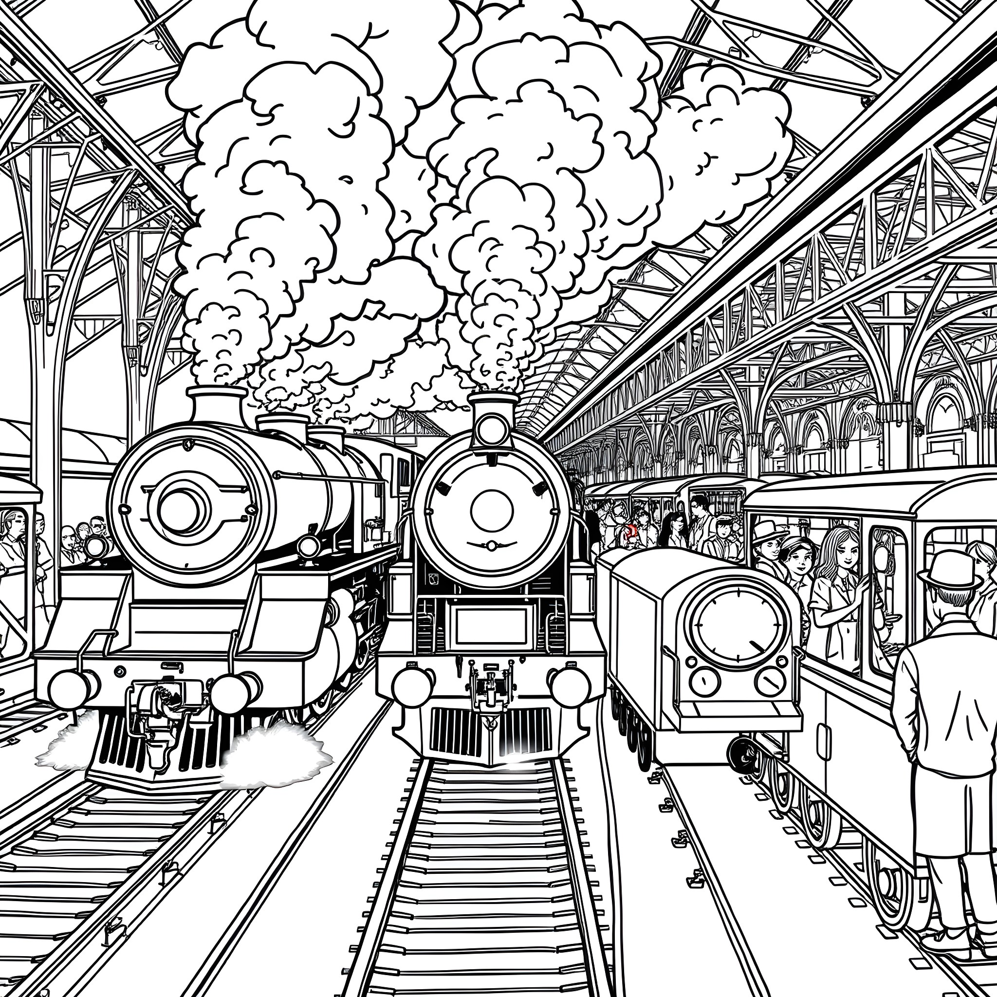 Train Station with Vintage Locomotives and Passengers Coloring Page (free black-and-white line drawing printable PDF for all, from beginners to advanced learners, including children, teens, adults, and seniors)