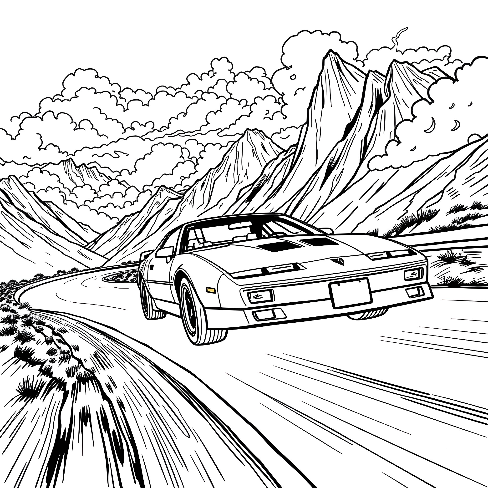 Trans Am speeding through the winding mountain road Coloring Page (free black-and-white line drawing printable PDF for all, from beginners to advanced learners, including children, teens, adults, and seniors)