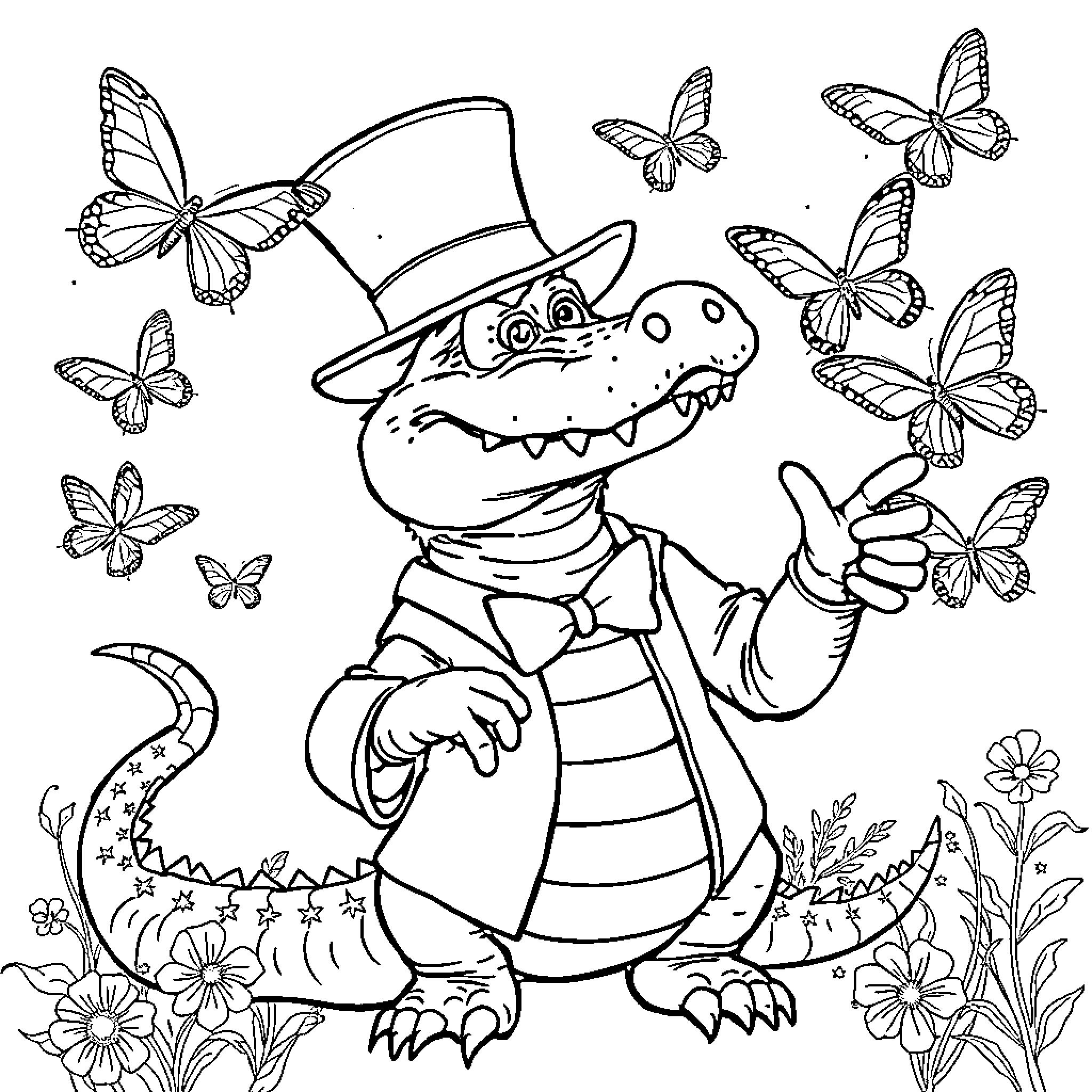 Alligator dressed up with butterflies and flowers Coloring Page (free black-and-white line drawing printable PDF for all, from beginners to advanced learners, including children, teens, adults, and seniors)