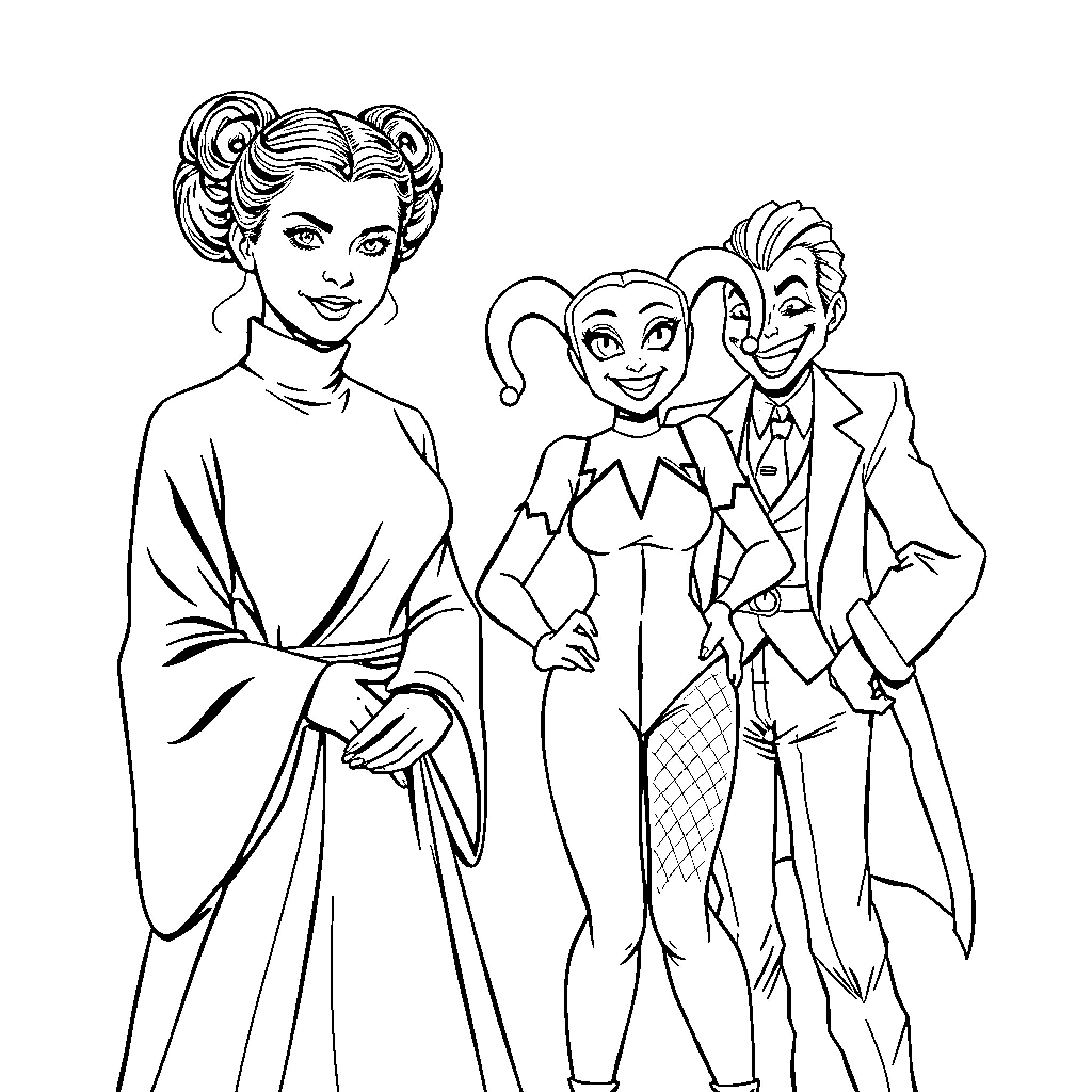 Princess Leia in Formal Attire with Joker and Harley Quinn Coloring Page (free black-and-white line drawing printable PDF for all, from beginners to advanced learners, including children, teens, adults, and seniors)