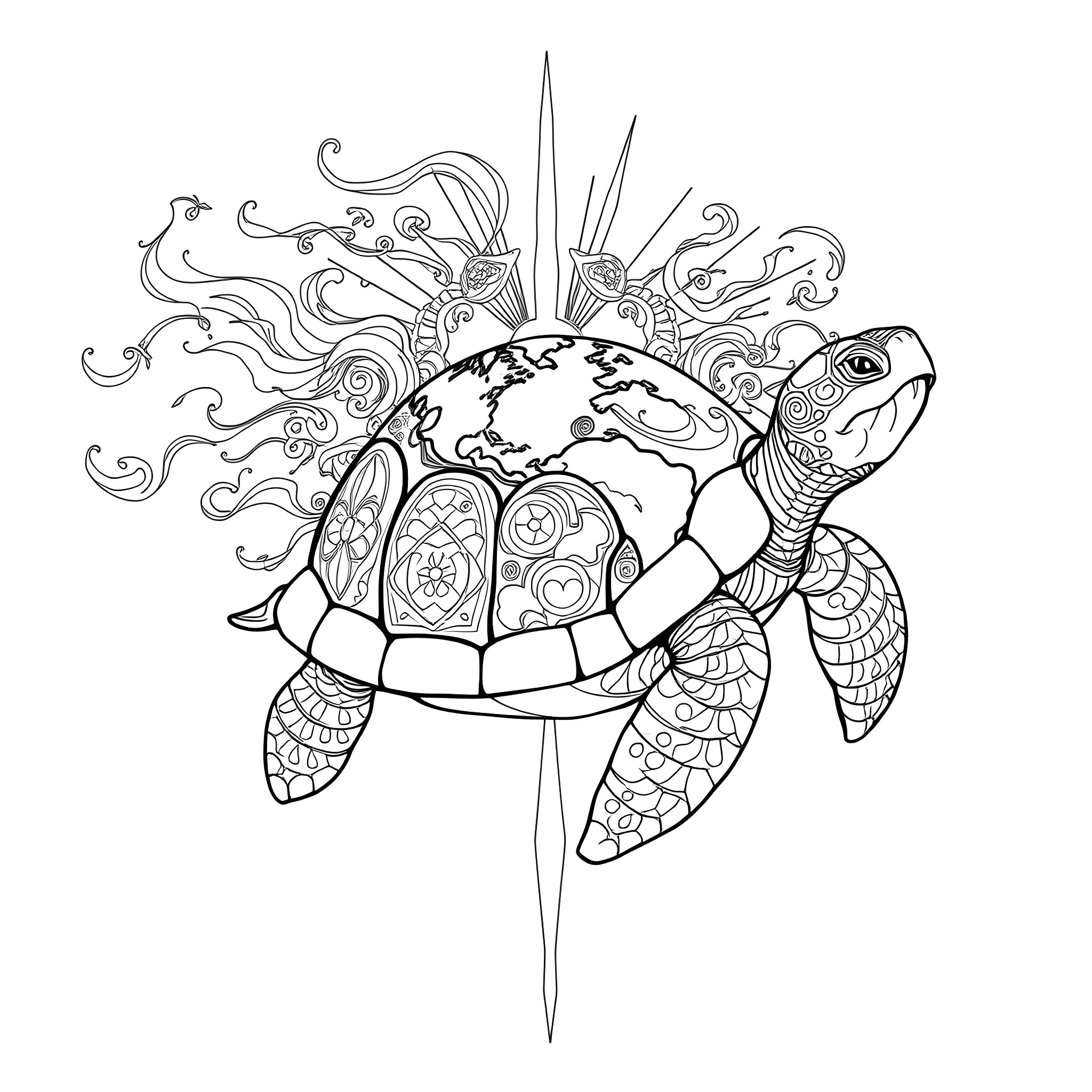 Turtle carrying the world on its back Coloring Page (free black-and-white line drawing printable PDF for all, from beginners to advanced learners, including children, teens, adults, and seniors)