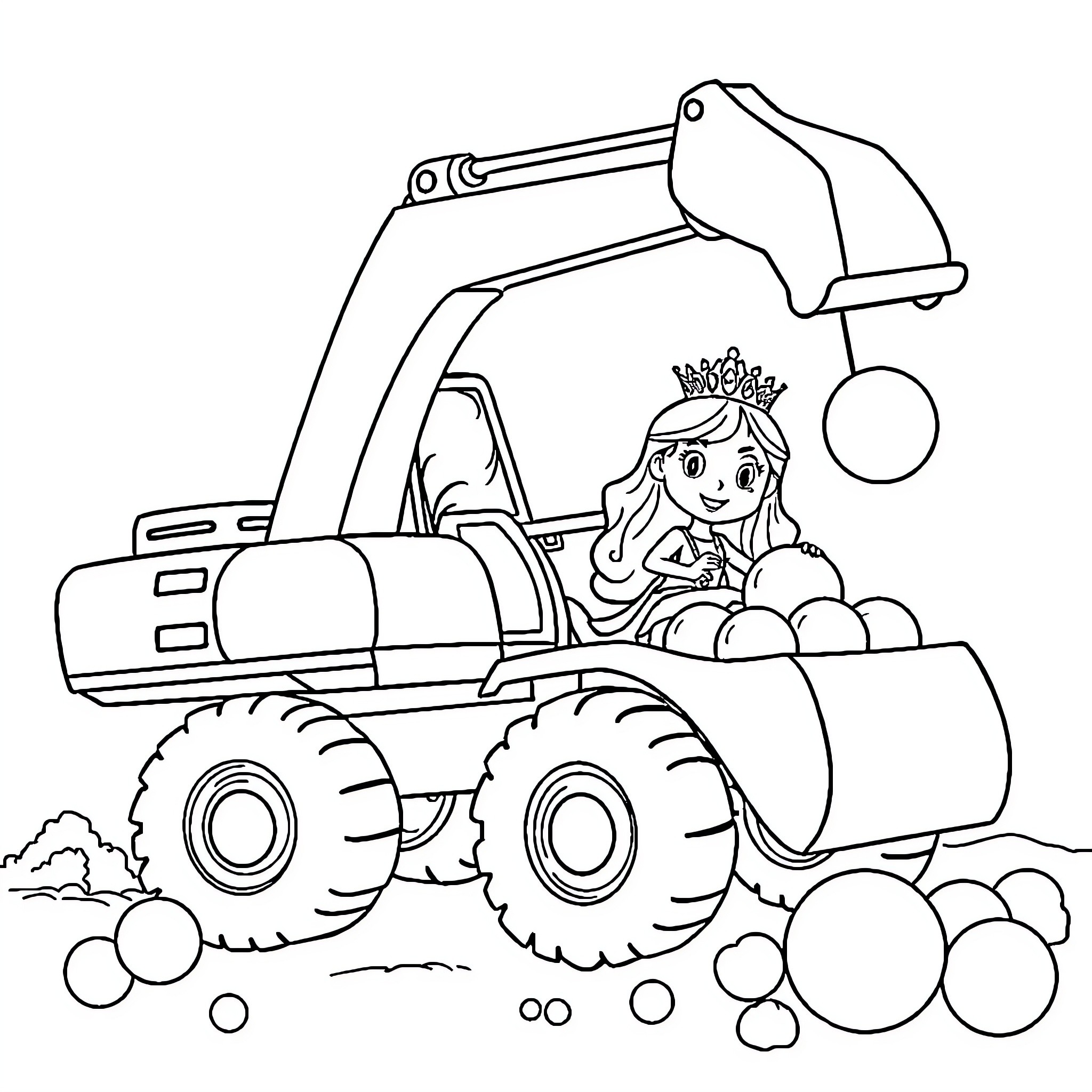 Excavator with a princess operating it Coloring Page (free black-and-white line drawing printable PDF for all, from beginners to advanced learners, including children, teens, adults, and seniors)