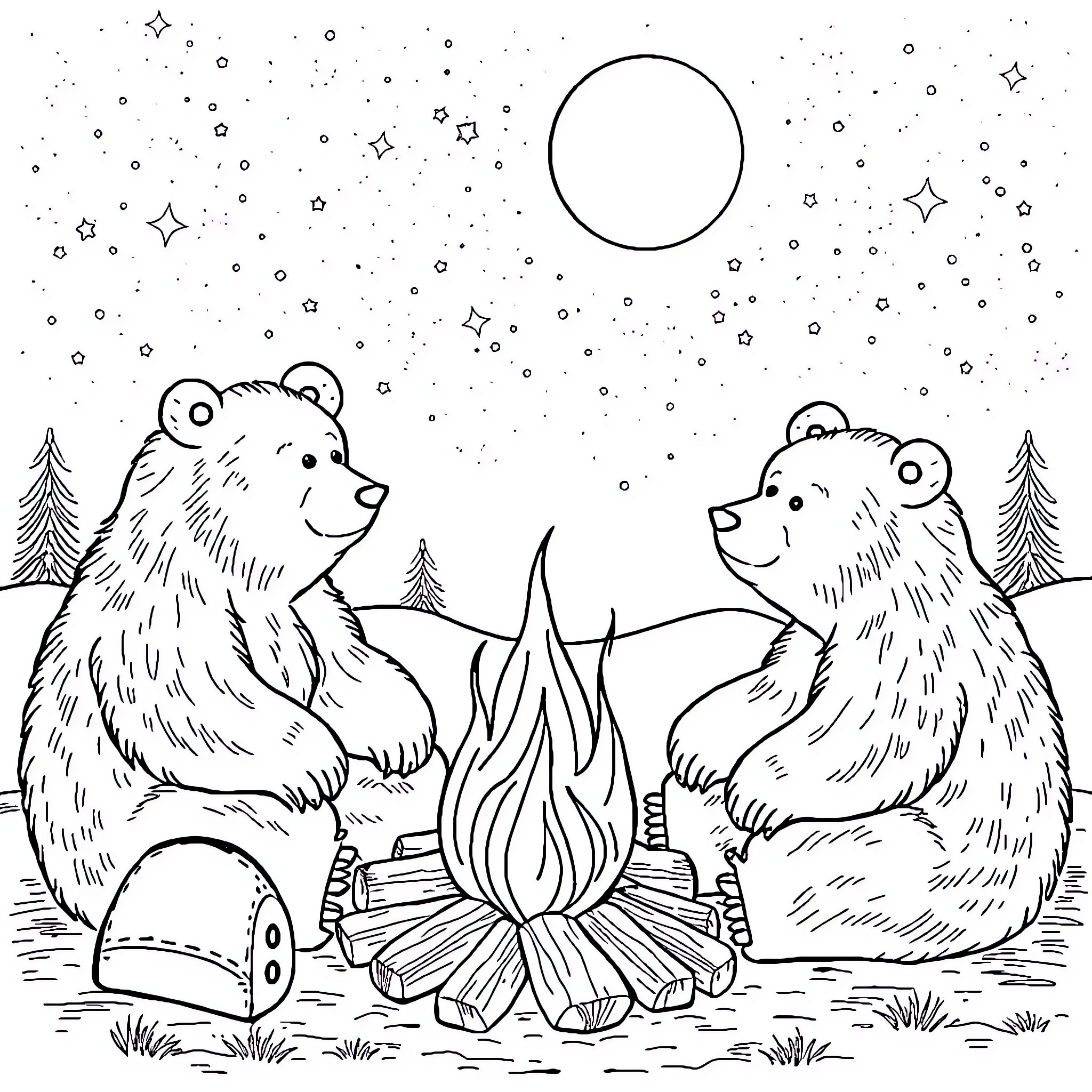 Bear friends enjoying a cozy campfire under the stars Coloring Page (free black-and-white line drawing printable PDF for all, from beginners to advanced learners, including children, teens, adults, and seniors)