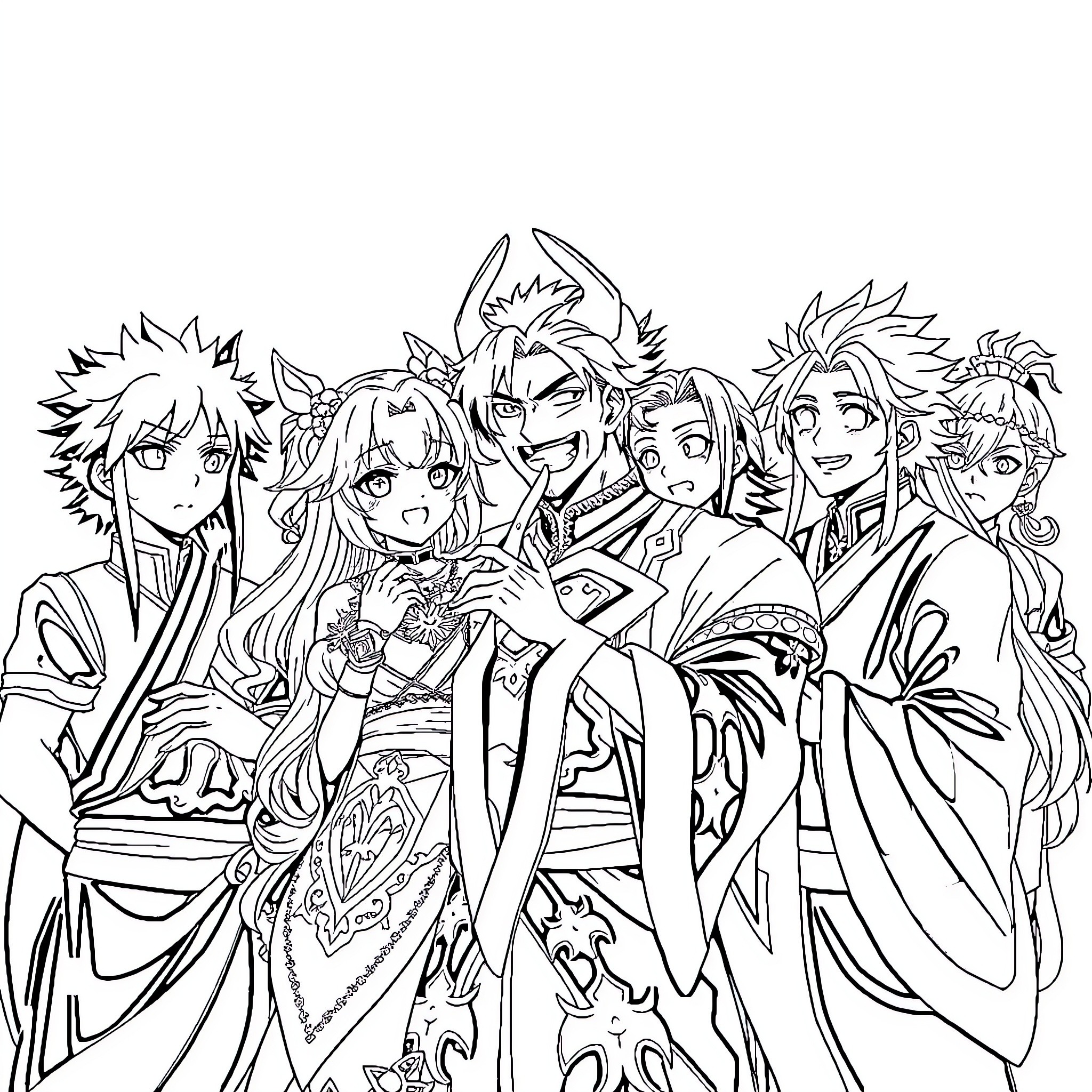Demon Slayer Characters in Traditional Japanese Attire Coloring Page (free black-and-white line drawing printable PDF for all, from beginners to advanced learners, including children, teens, adults, and seniors)