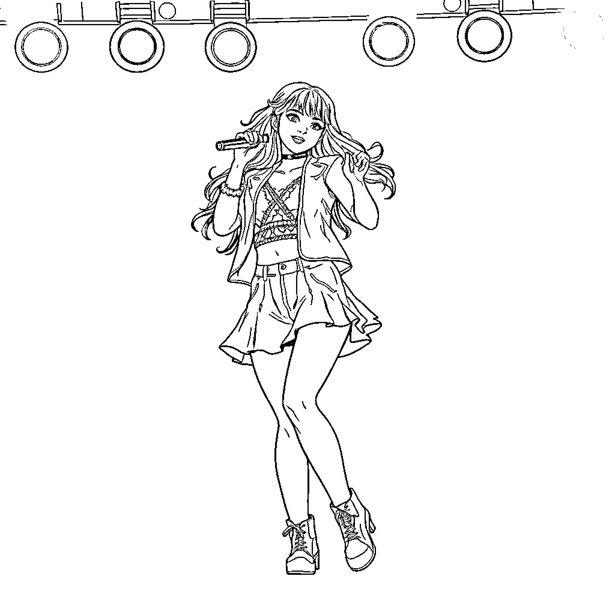 Zoë's Playful Performance on Stage Coloring Page (free black-and-white line drawing printable PDF for all, from beginners to advanced learners, including children, teens, adults, and seniors)