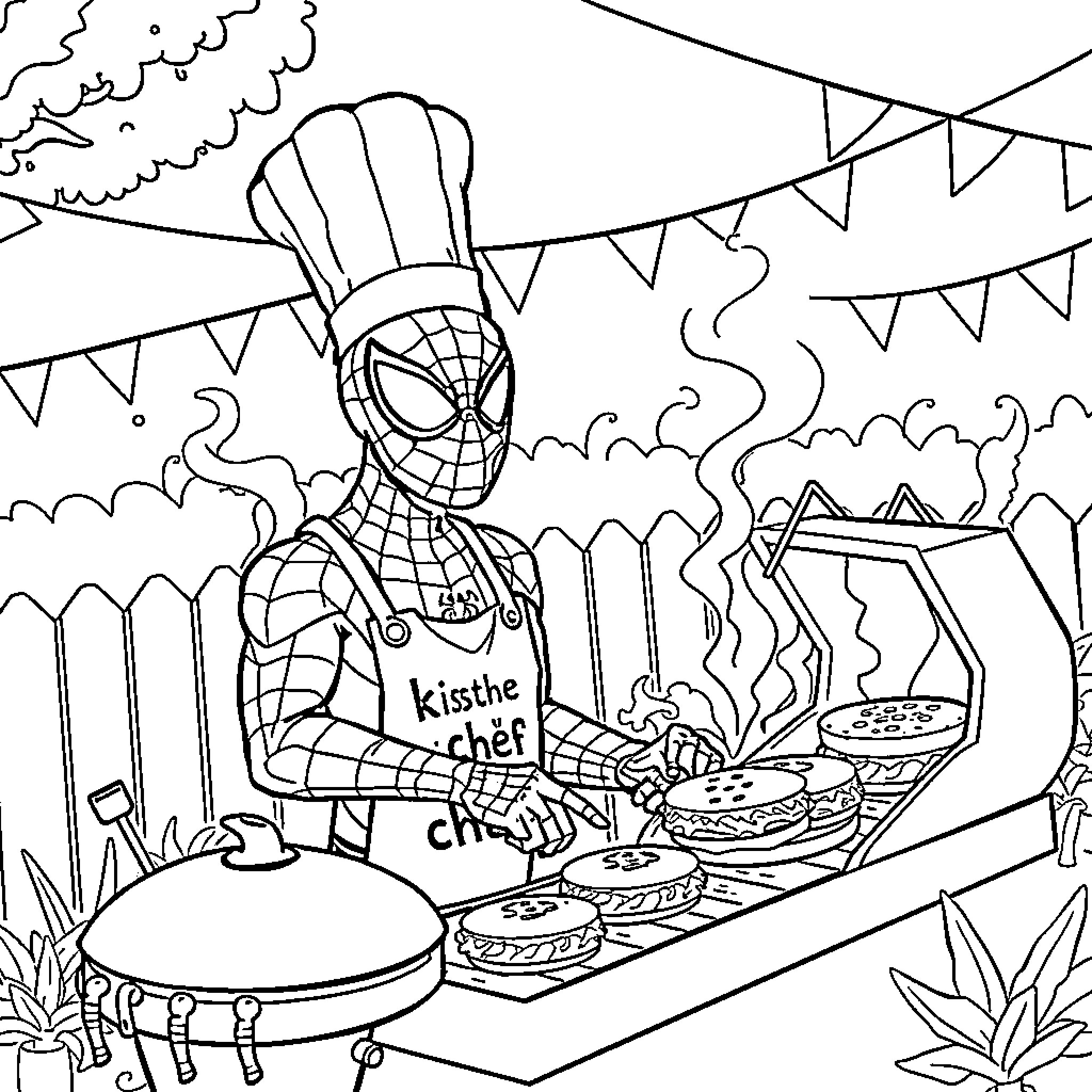 Spiderman Cooking at a Backyard Barbecue Coloring Page (free black-and-white line drawing printable PDF for all, from beginners to advanced learners, including children, teens, adults, and seniors)