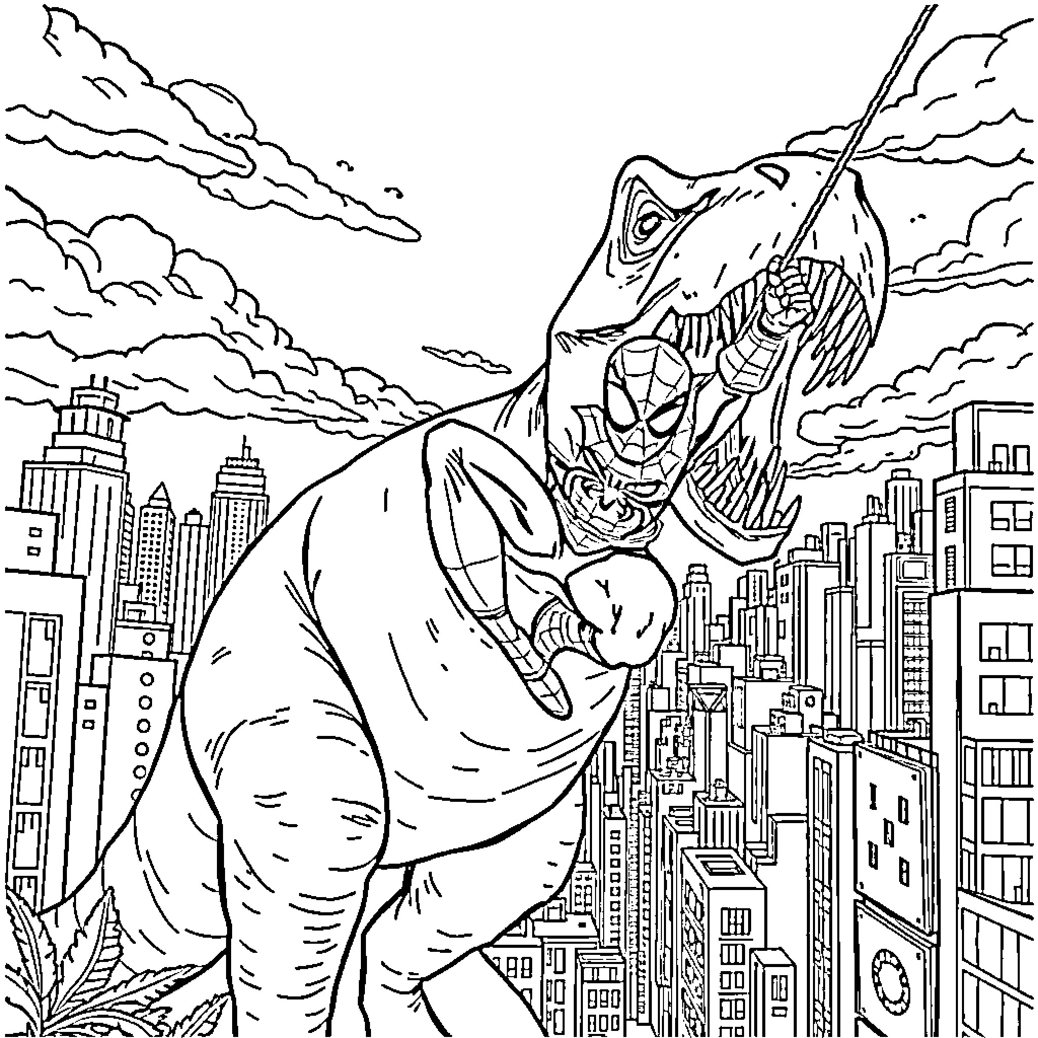 Spiderman battles gigantic dinosaur over cityscape Coloring Page (free black-and-white line drawing printable PDF for all, from beginners to advanced learners, including children, teens, adults, and seniors)