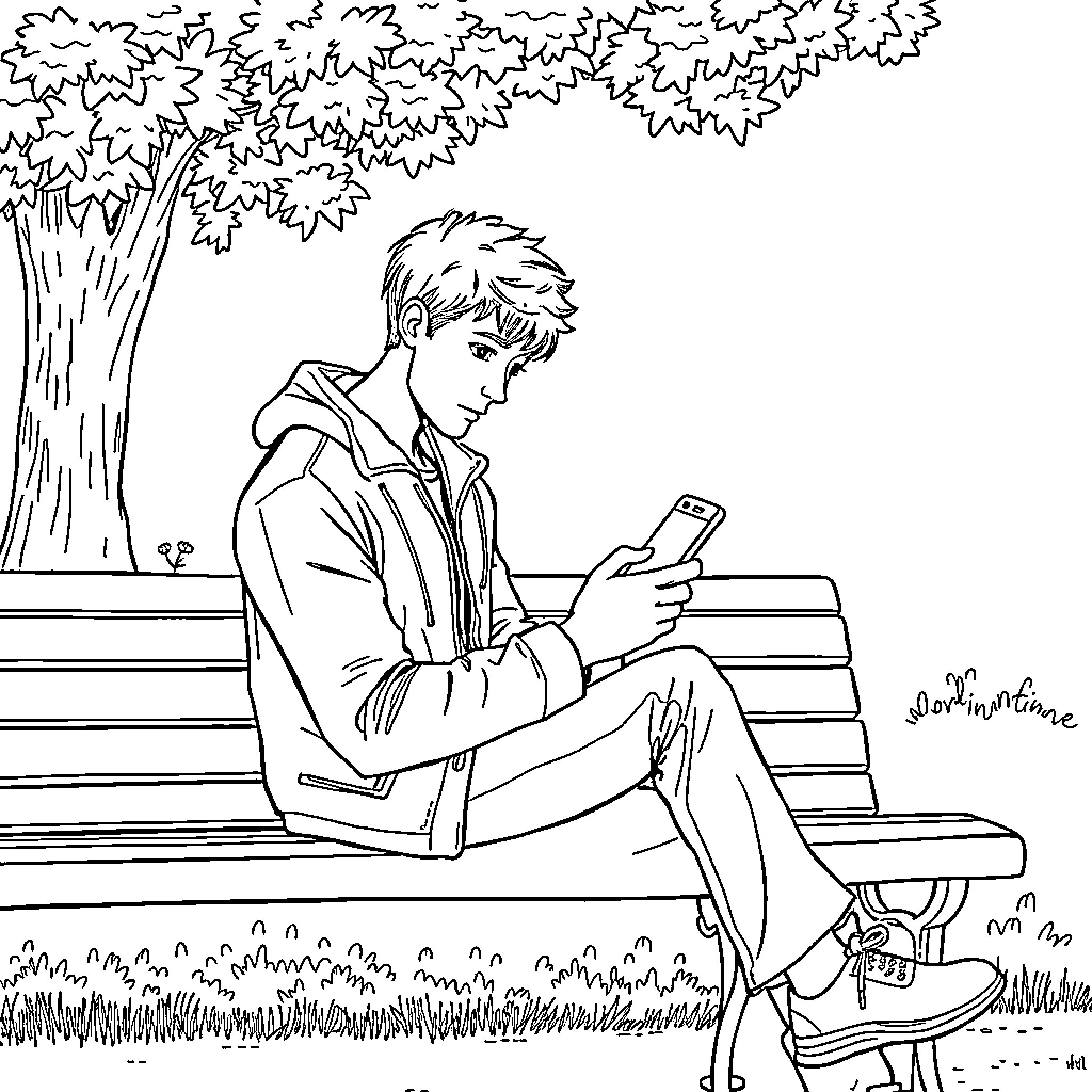 Mobile Phone User Enjoying Nature Outdoors Coloring Page (free black-and-white line drawing printable PDF for all, from beginners to advanced learners, including children, teens, adults, and seniors)