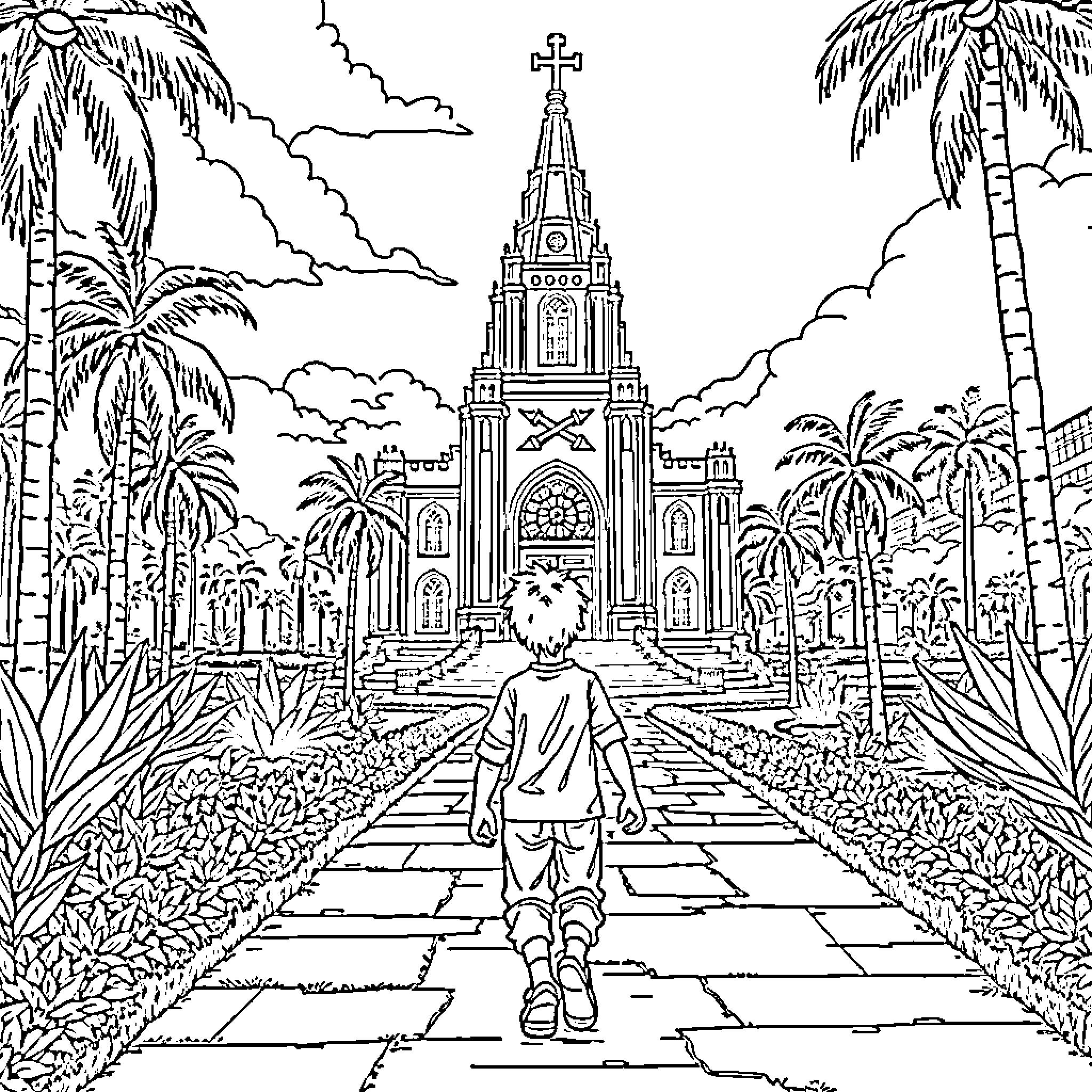 Kid exploring ornate cathedral in tropical landscape Coloring Page (free black-and-white line drawing printable PDF for all, from beginners to advanced learners, including children, teens, adults, and seniors)