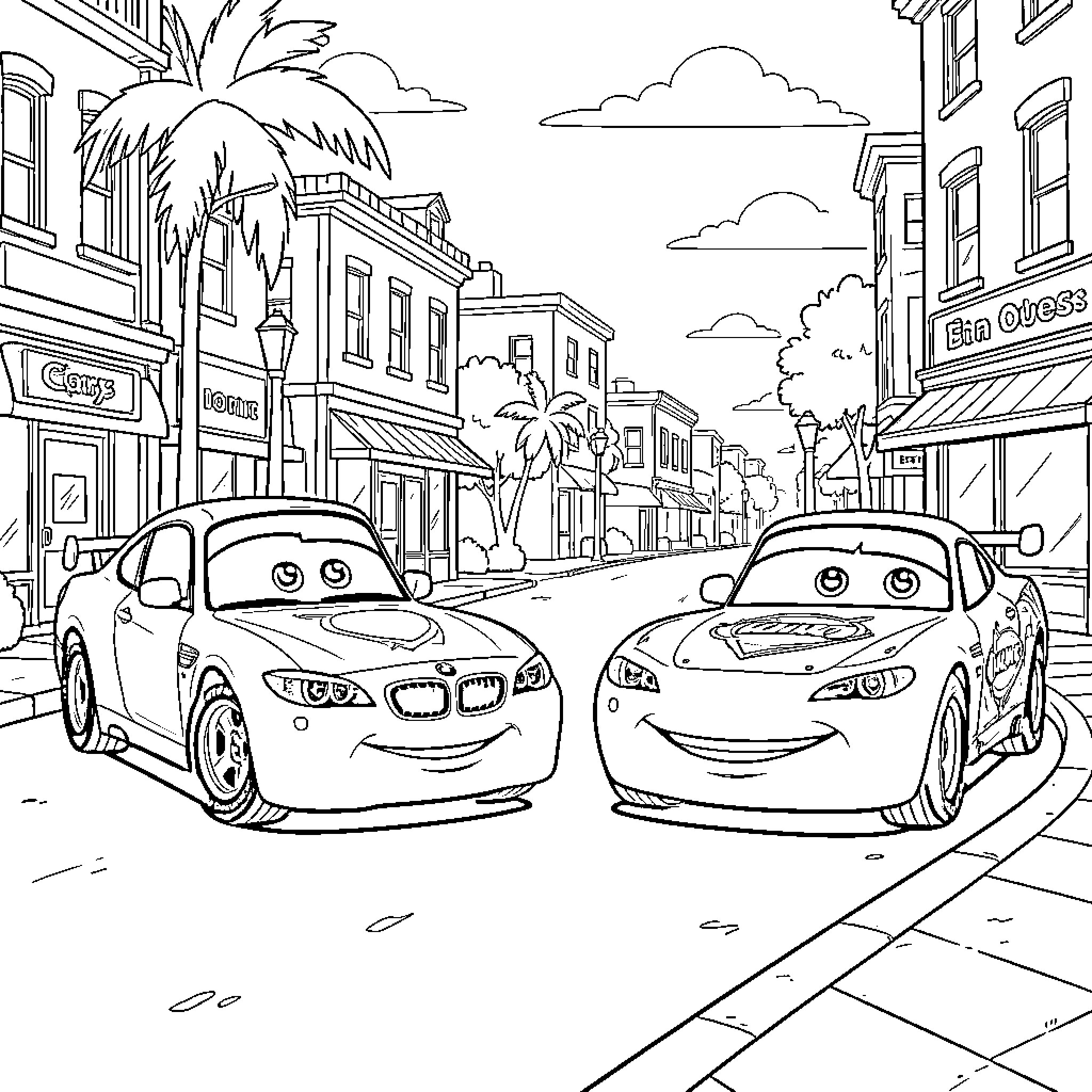 BMW and friend driving through a sunny street scene Coloring Page (free black-and-white line drawing printable PDF for all, from beginners to advanced learners, including children, teens, adults, and seniors)