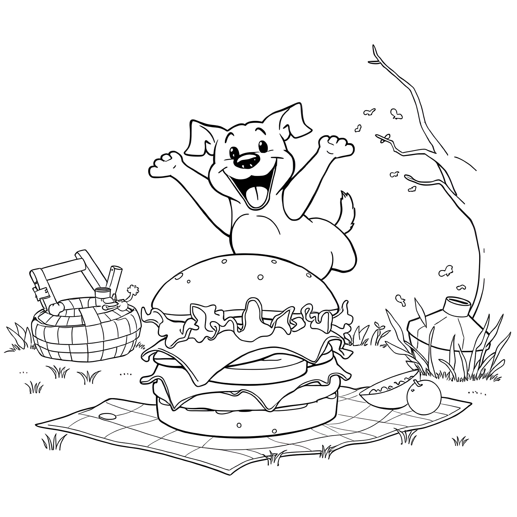 Dog enjoying a picnic in the park Coloring Page (free black-and-white line drawing printable PDF for all, from beginners to advanced learners, including children, teens, adults, and seniors)