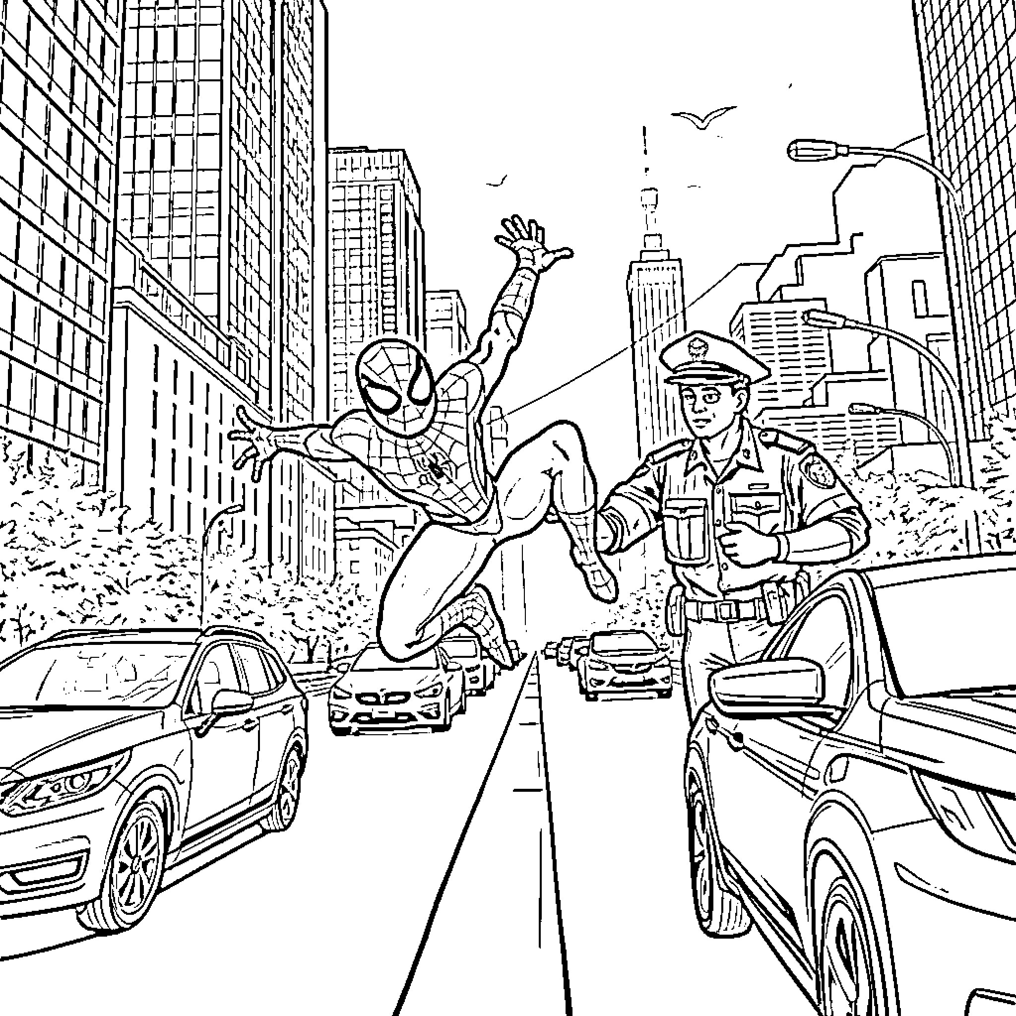 Spiderman swinging through the city streets with police Coloring Page (free black-and-white line drawing printable PDF for all, from beginners to advanced learners, including children, teens, adults, and seniors)