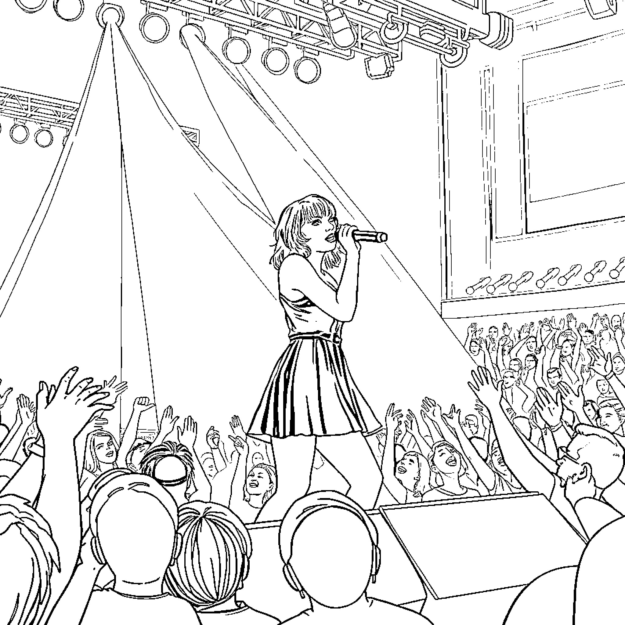 Taylor Swift performing on stage with an enthusiastic crowd Coloring Page (free black-and-white line drawing printable PDF for all, from beginners to advanced learners, including children, teens, adults, and seniors)