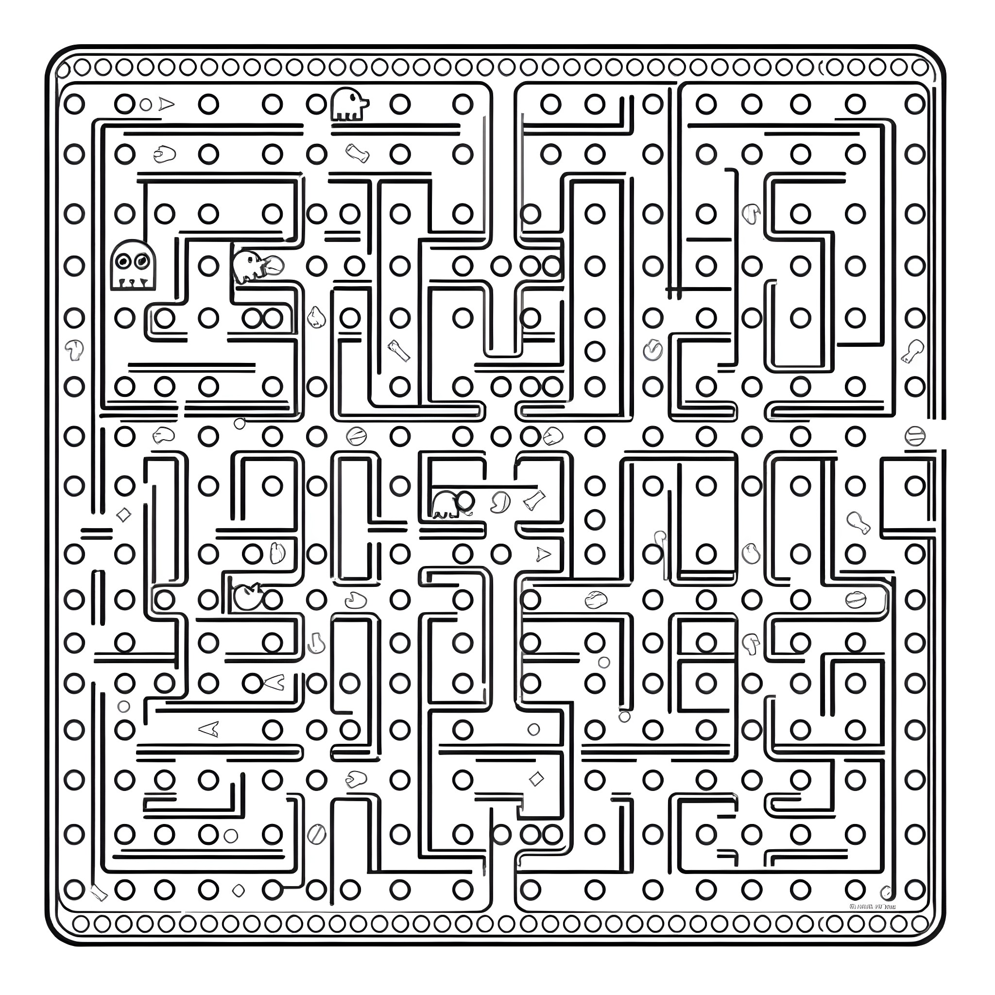 Pacman-inspired abstract maze pattern Coloring Page (free black-and-white line drawing printable PDF for all, from beginners to advanced learners, including children, teens, adults, and seniors)