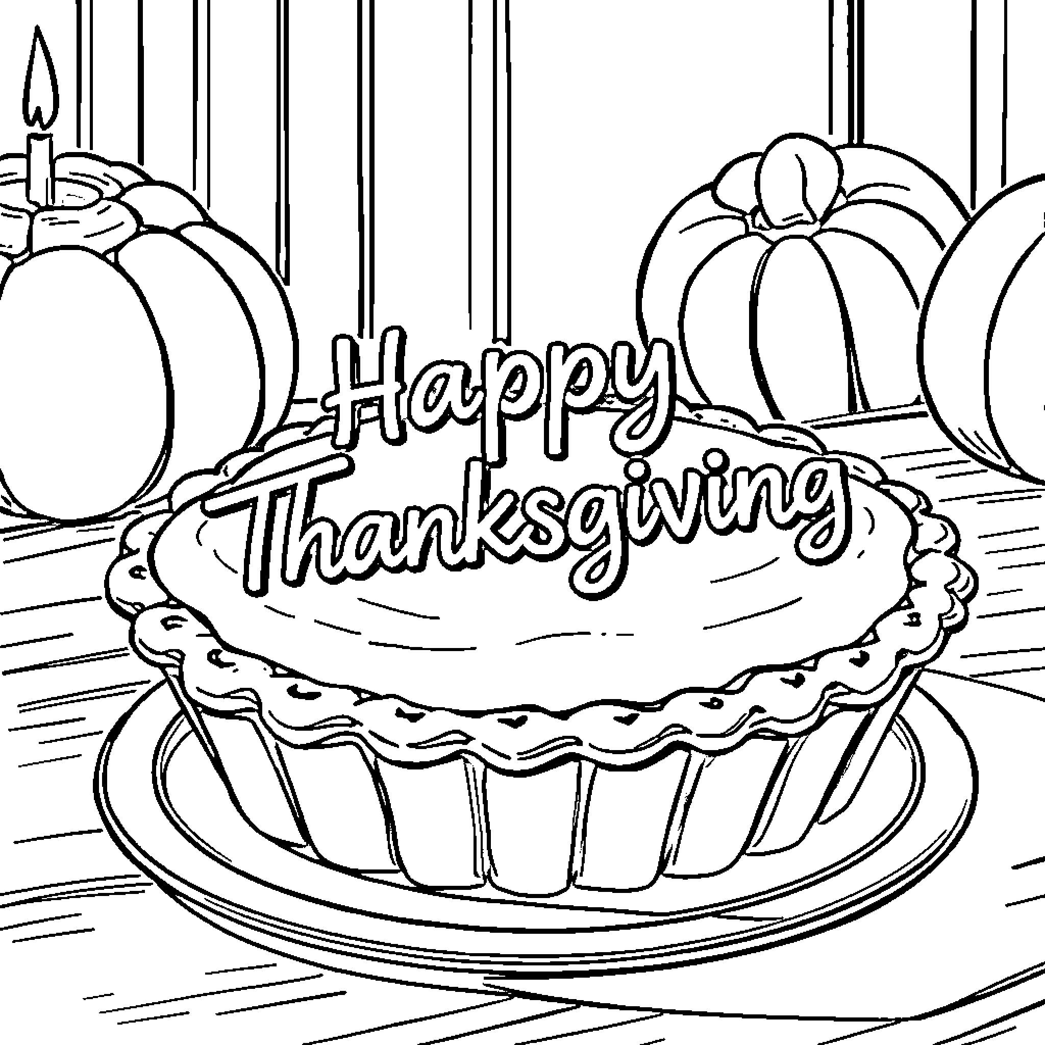 Pumpkin Pie Thanksgiving Feast Coloring Page (free black-and-white line drawing printable PDF for all, from beginners to advanced learners, including children, teens, adults, and seniors)