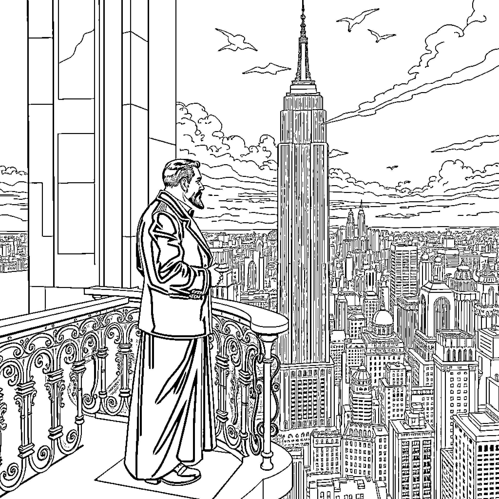Porfirio Díaz overlooking the cityscape Coloring Page (free black-and-white line drawing printable PDF for all, from beginners to advanced learners, including children, teens, adults, and seniors)
