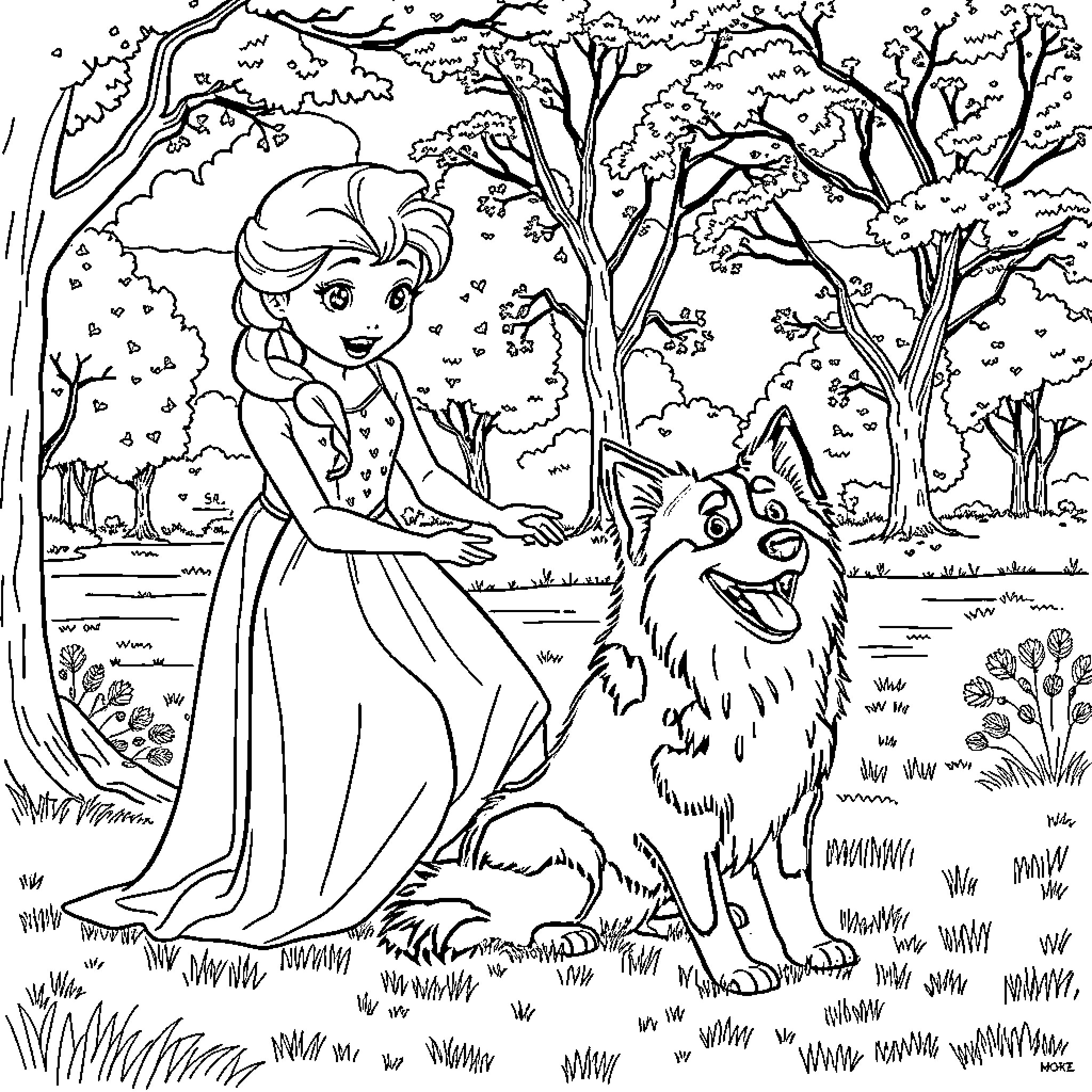 Elsa's Woodland Adventure with Loyal Companion Coloring Page (free black-and-white line drawing printable PDF for all, from beginners to advanced learners, including children, teens, adults, and seniors)