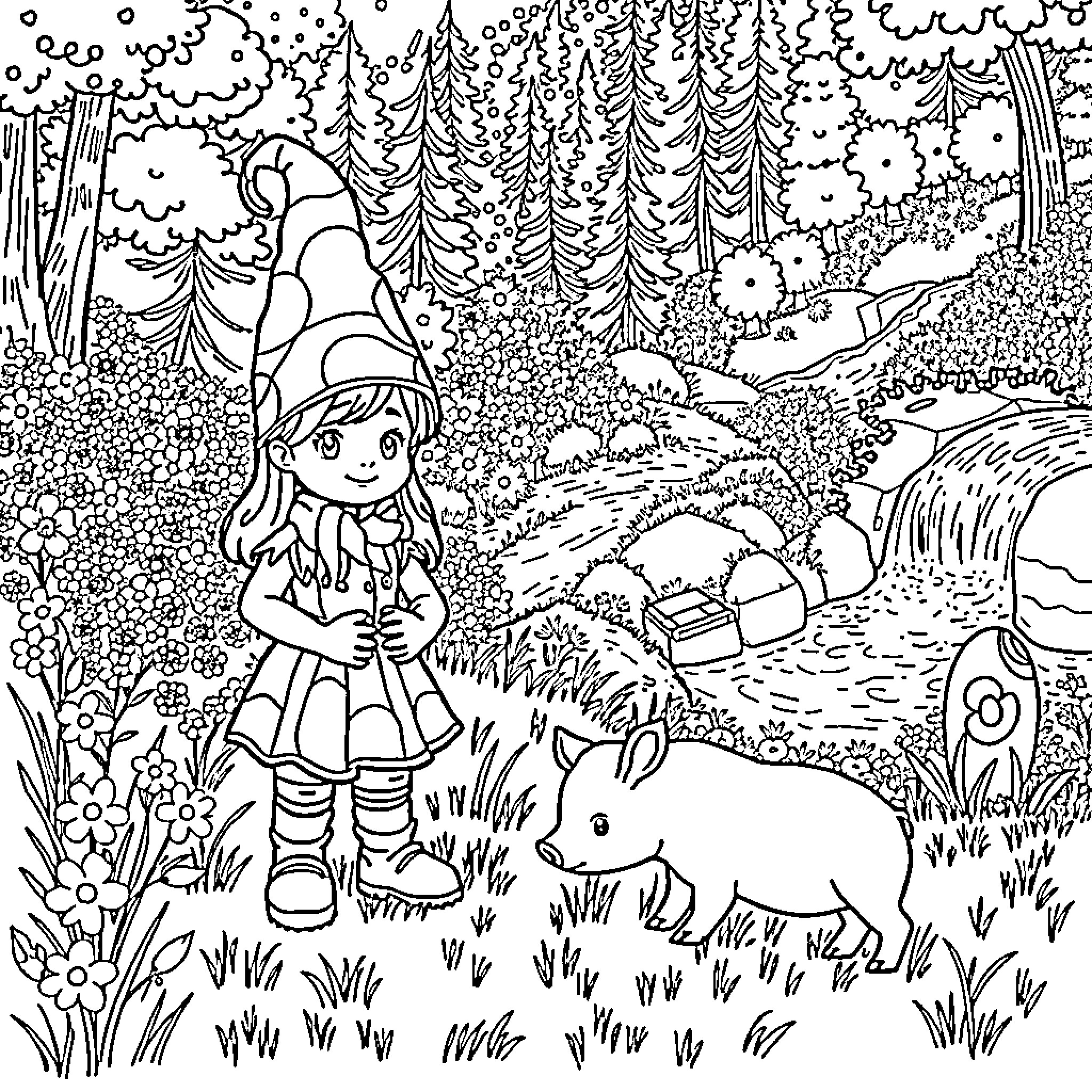 Girl exploring a magical forest with woodland creatures Coloring Page (free black-and-white line drawing printable PDF for all, from beginners to advanced learners, including children, teens, adults, and seniors)