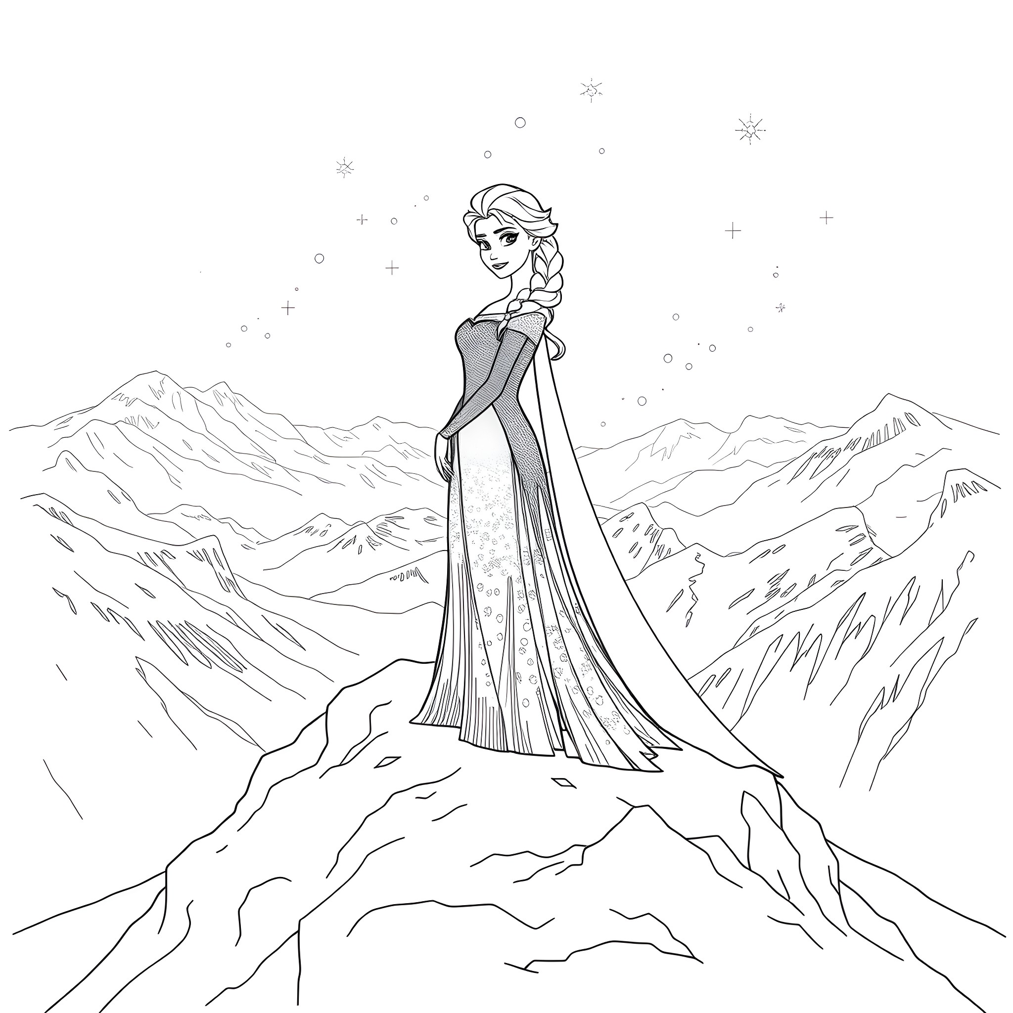 Elsa standing majestically on a snowy mountain Coloring Page (free black-and-white line drawing printable PDF for all, from beginners to advanced learners, including children, teens, adults, and seniors)
