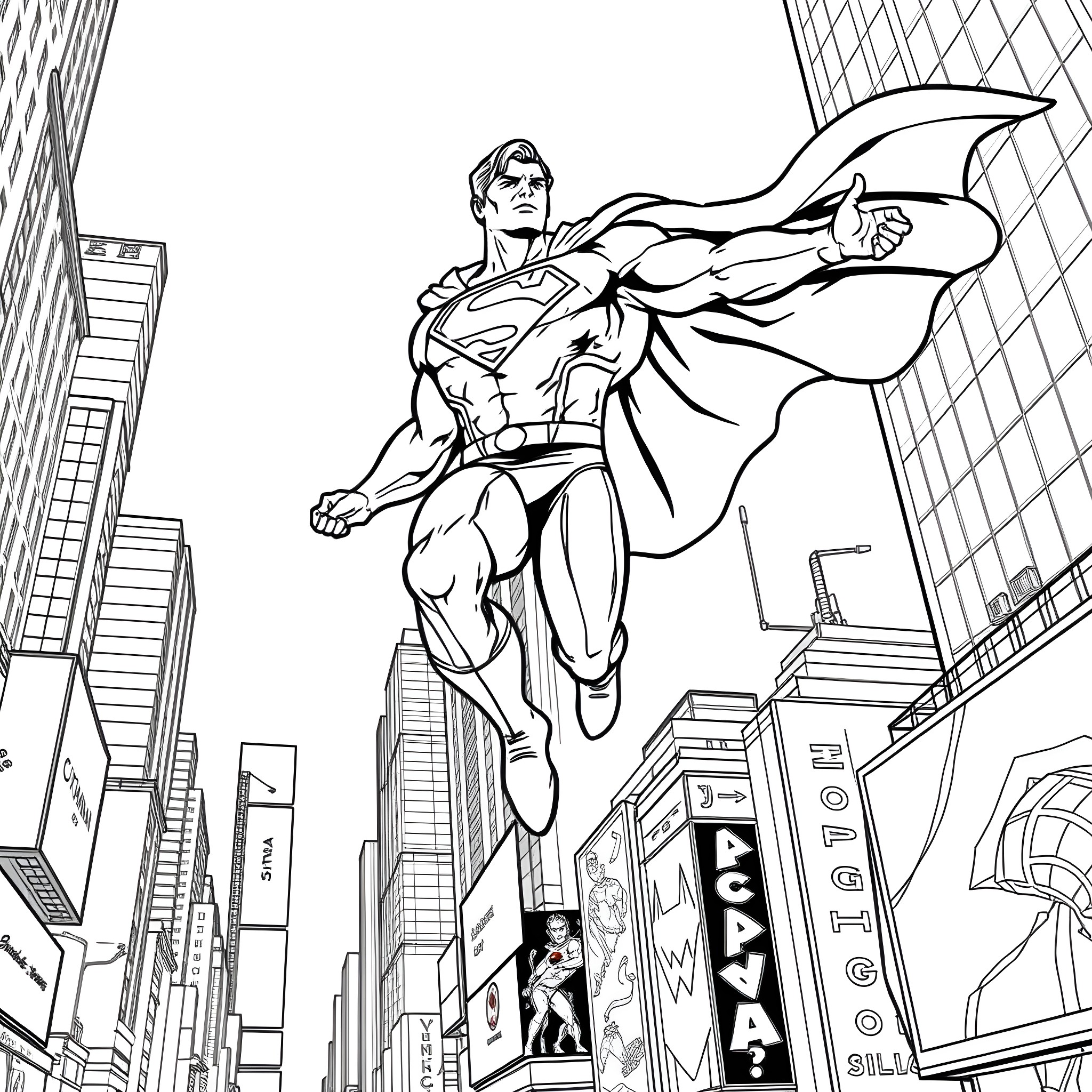Superman soaring over the city skyline Coloring Page (free black-and-white line drawing printable PDF for all, from beginners to advanced learners, including children, teens, adults, and seniors)