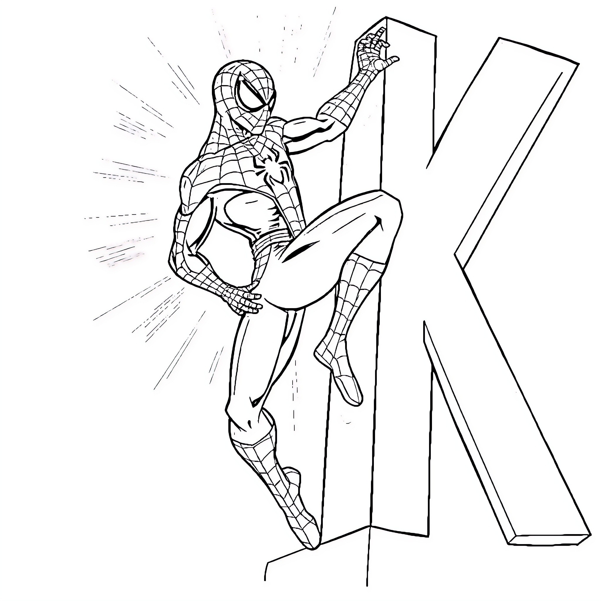 Spiderman swinging dynamically through the city Coloring Page (free black-and-white line drawing printable PDF for all, from beginners to advanced learners, including children, teens, adults, and seniors)