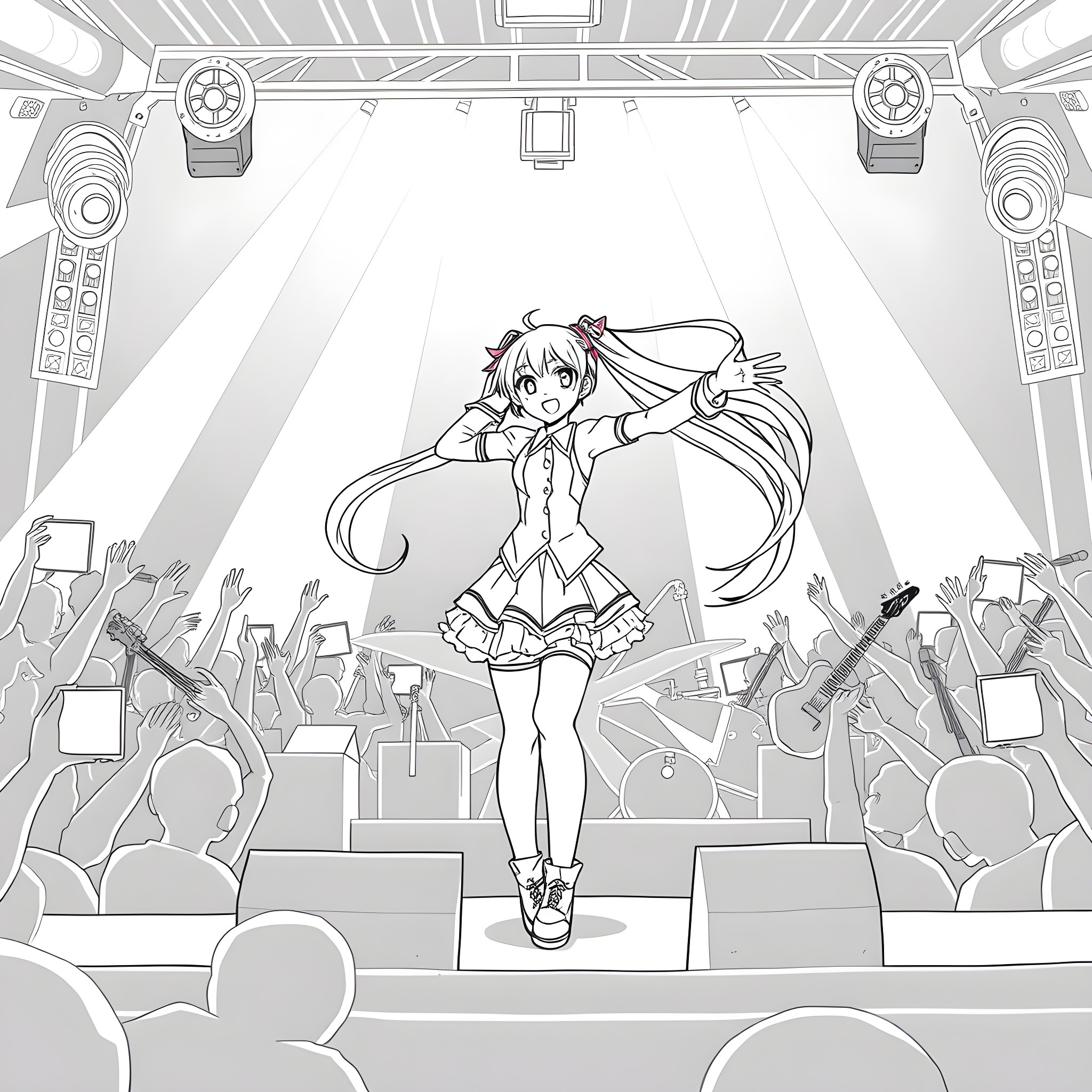 Hatsune Miku performing on stage with energy Coloring Page (free black-and-white line drawing printable PDF for all, from beginners to advanced learners, including children, teens, adults, and seniors)