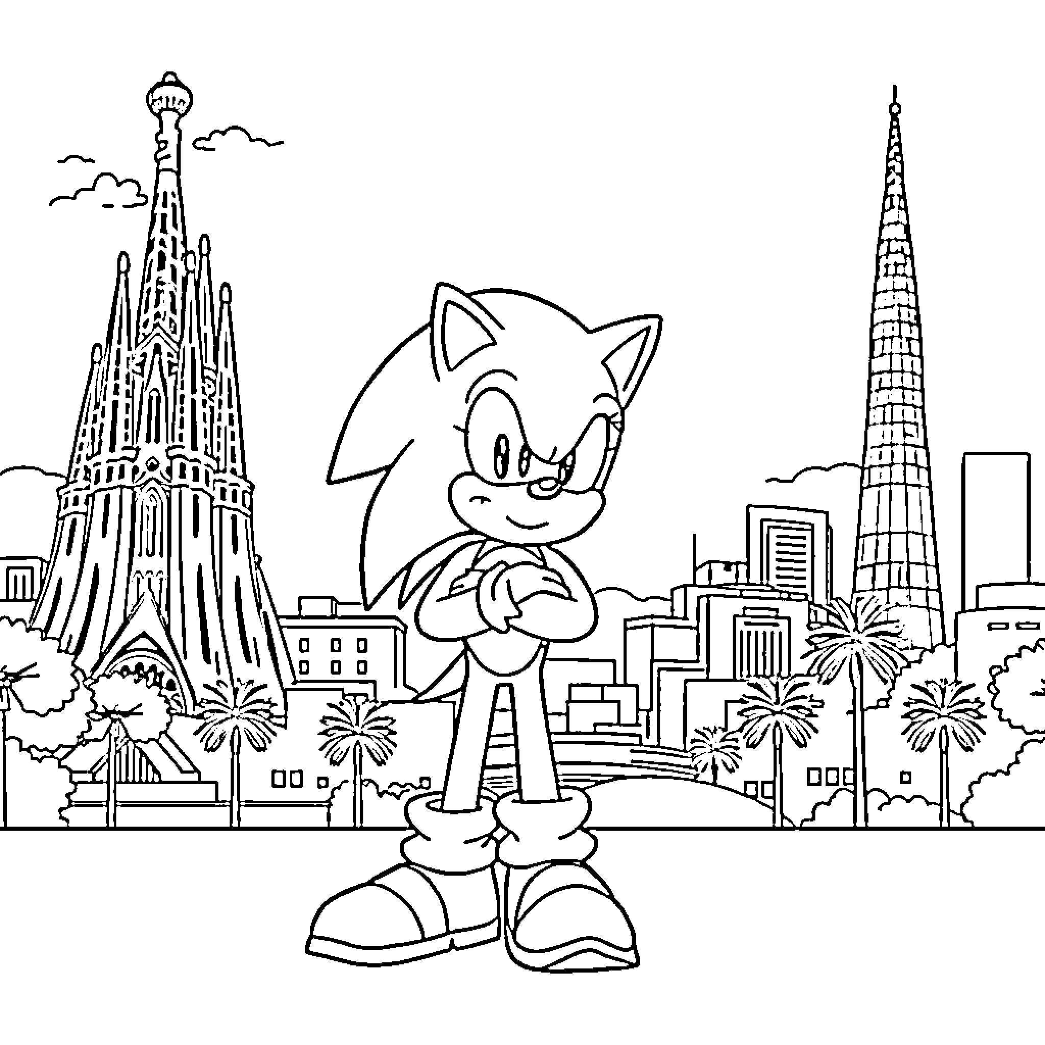 Sonic exploring the city skyline Coloring Page (free black-and-white line drawing printable PDF for all, from beginners to advanced learners, including children, teens, adults, and seniors)