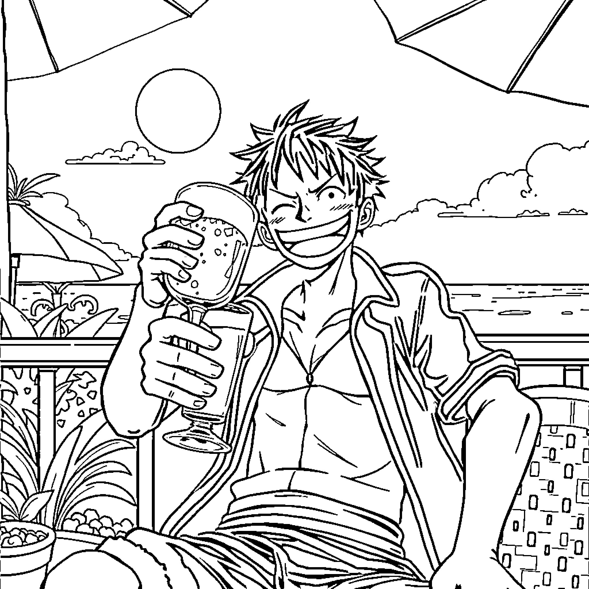Luffy enjoying a refreshing beverage in a tropical setting Coloring Page (free black-and-white line drawing printable PDF for all, from beginners to advanced learners, including children, teens, adults, and seniors)
