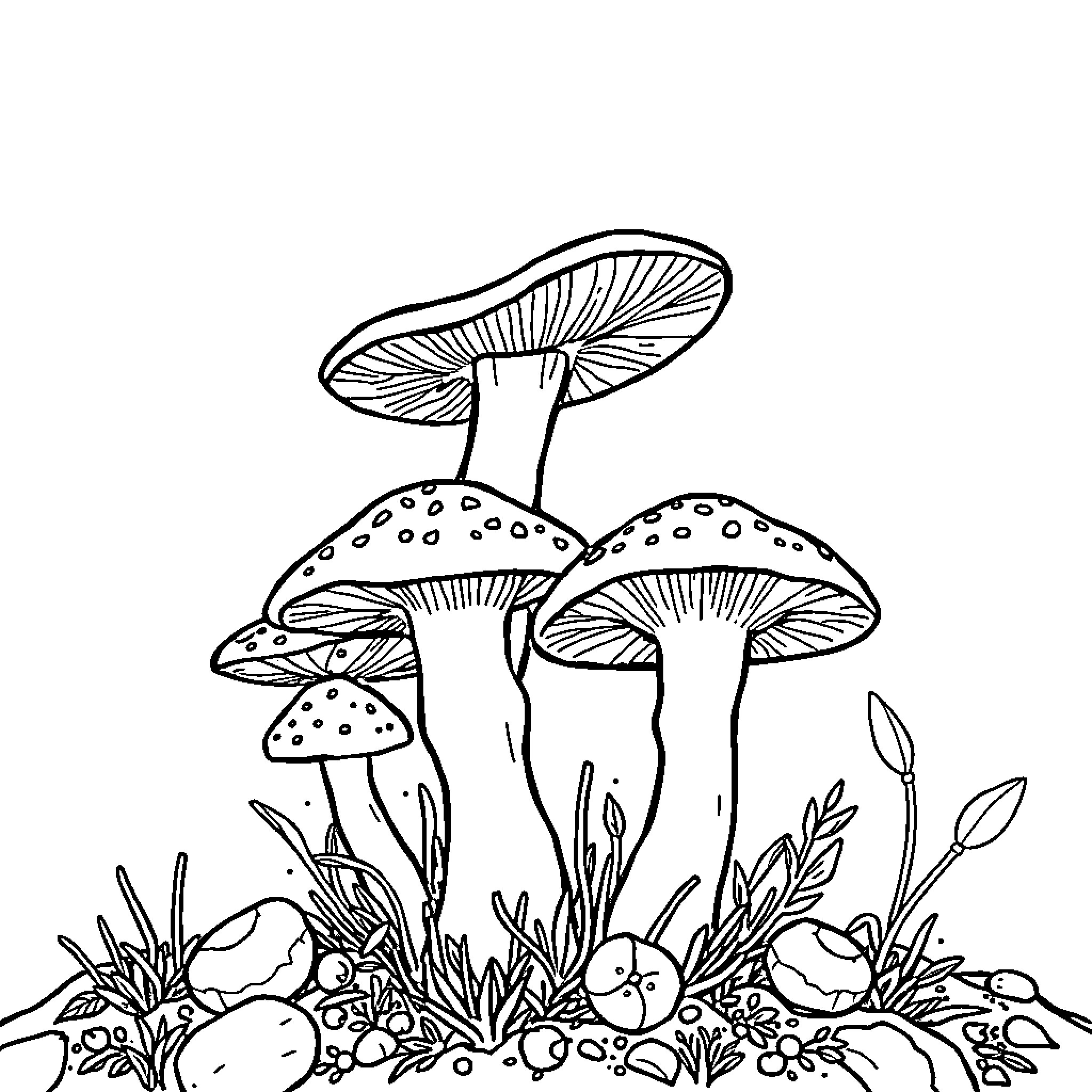 Fungus growing amidst lush vegetation Coloring Page (free black-and-white line drawing printable PDF for all, from beginners to advanced learners, including children, teens, adults, and seniors)