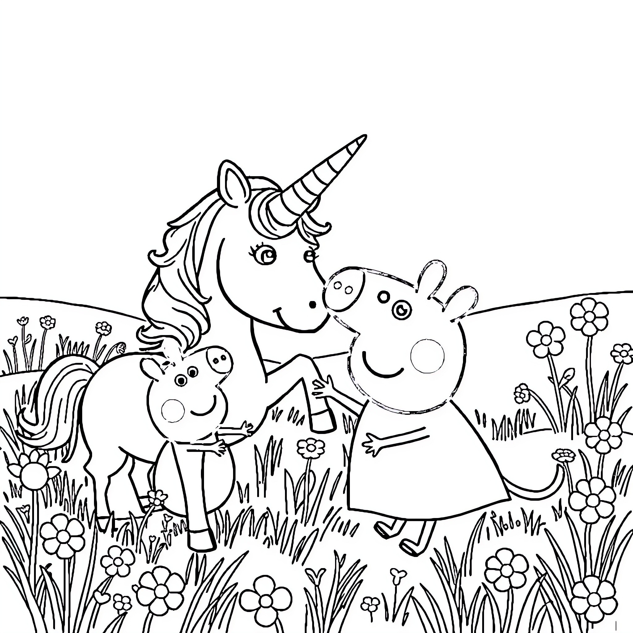 Unicorn and friends frolicking in a meadow Coloring Page (free black-and-white line drawing printable PDF for all, from beginners to advanced learners, including children, teens, adults, and seniors)