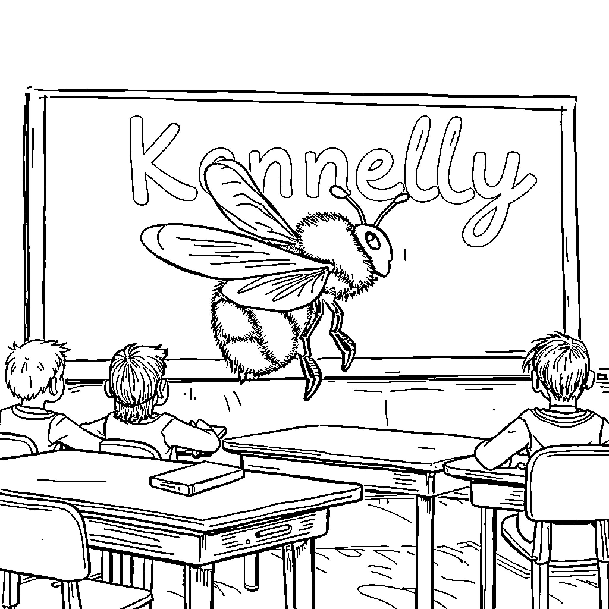 Bee teaching students in the classroom Coloring Page (free black-and-white line drawing printable PDF for all, from beginners to advanced learners, including children, teens, adults, and seniors)