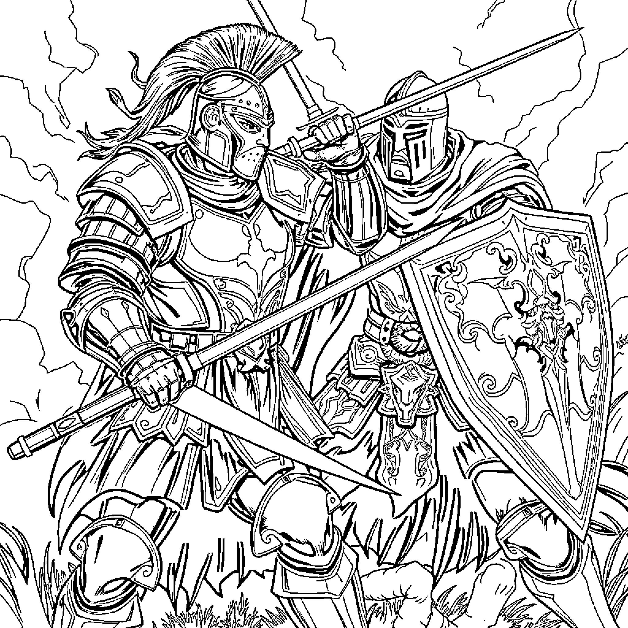 Man in Armored Knight Stance with Weapons Coloring Page (free black-and-white line drawing printable PDF for all, from beginners to advanced learners, including children, teens, adults, and seniors)