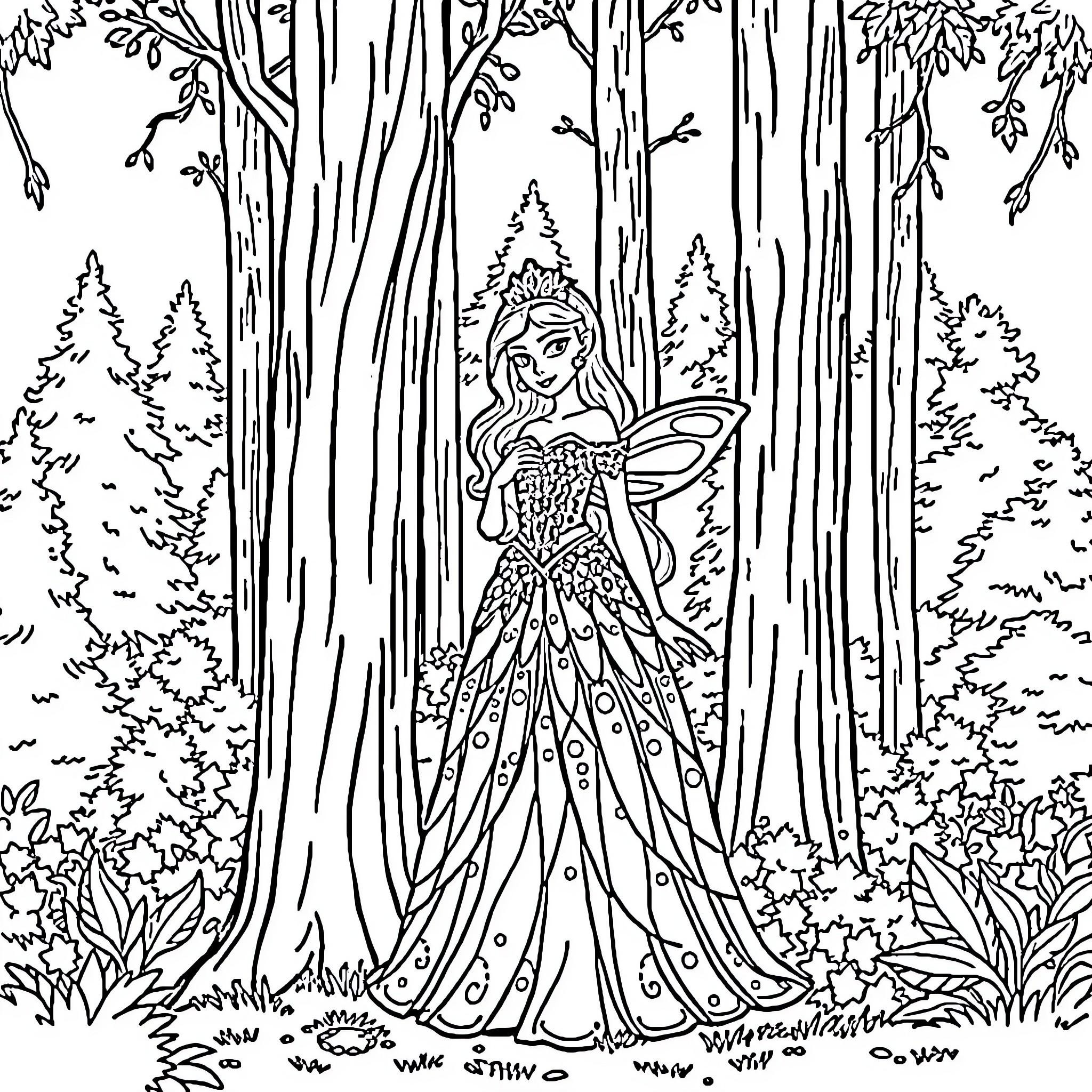 Princess in the enchanted forest Coloring Page (free black-and-white line drawing printable PDF for all, from beginners to advanced learners, including children, teens, adults, and seniors)