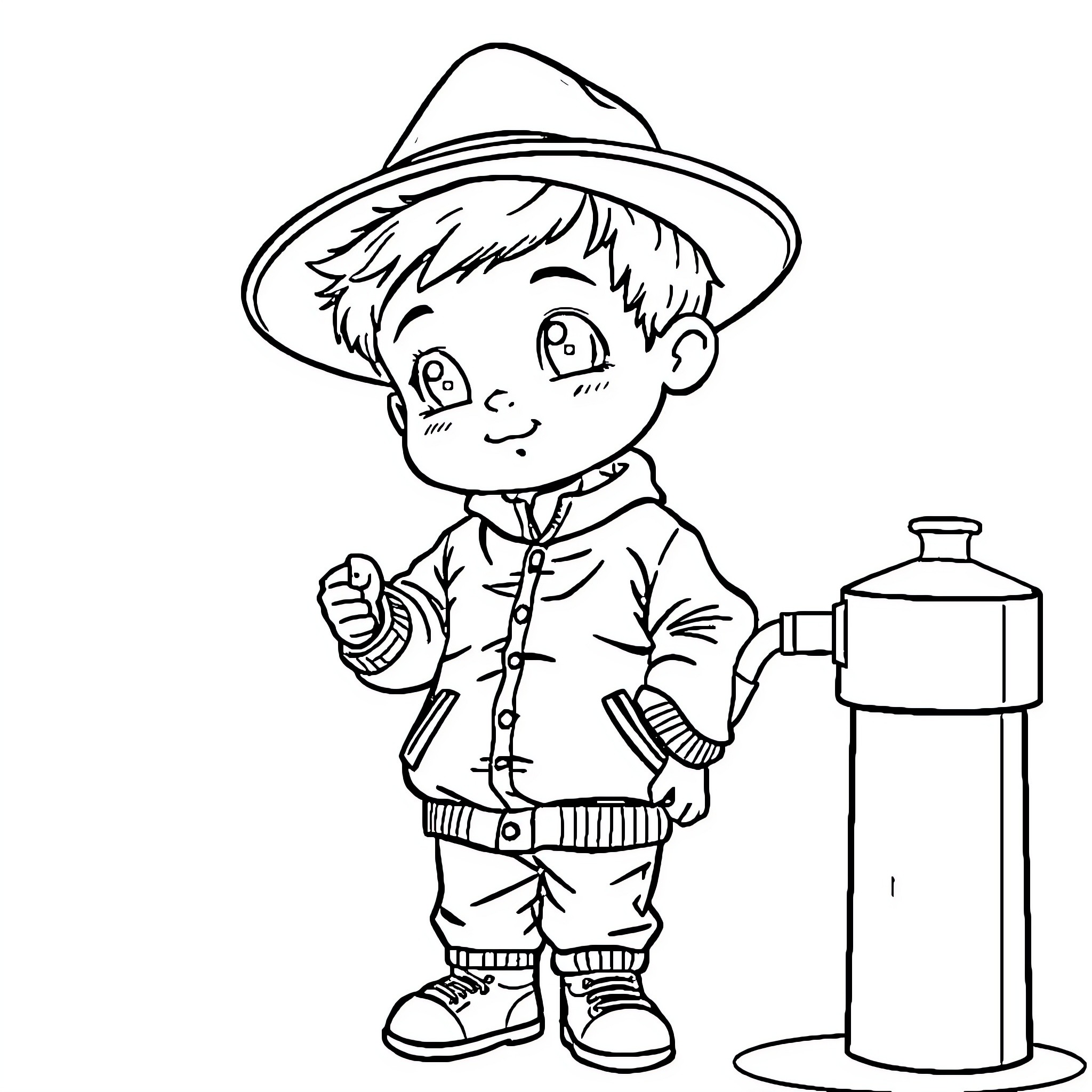 Firefighter boy examining equipment Coloring Page (free black-and-white line drawing printable PDF for all, from beginners to advanced learners, including children, teens, adults, and seniors)