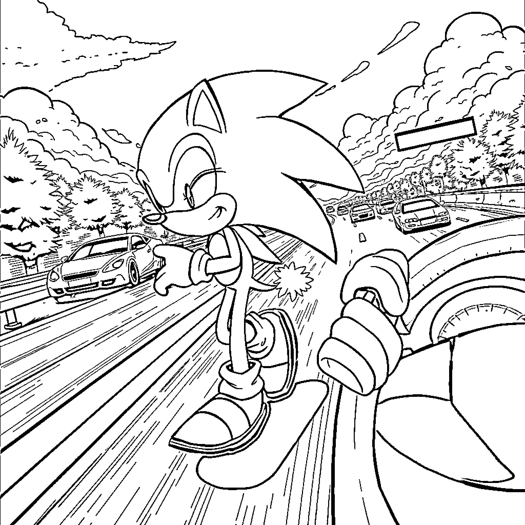 Sonic racing through a busy highway landscape Coloring Page (free black-and-white line drawing printable PDF for all, from beginners to advanced learners, including children, teens, adults, and seniors)