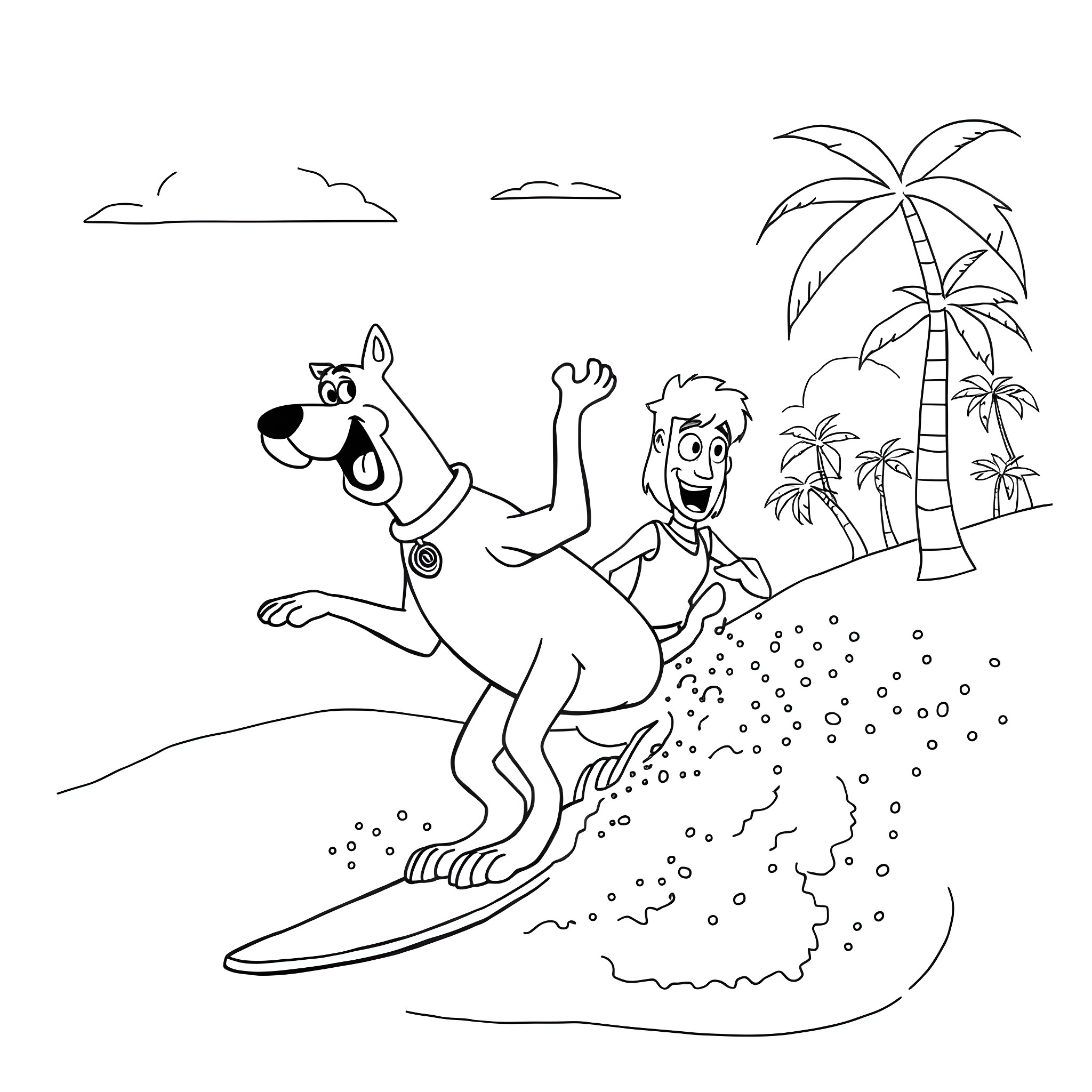 Scooby-Doo's Surfing Adventure on a Tropical Beach Coloring Page (free black-and-white line drawing printable PDF for all, from beginners to advanced learners, including children, teens, adults, and seniors)
