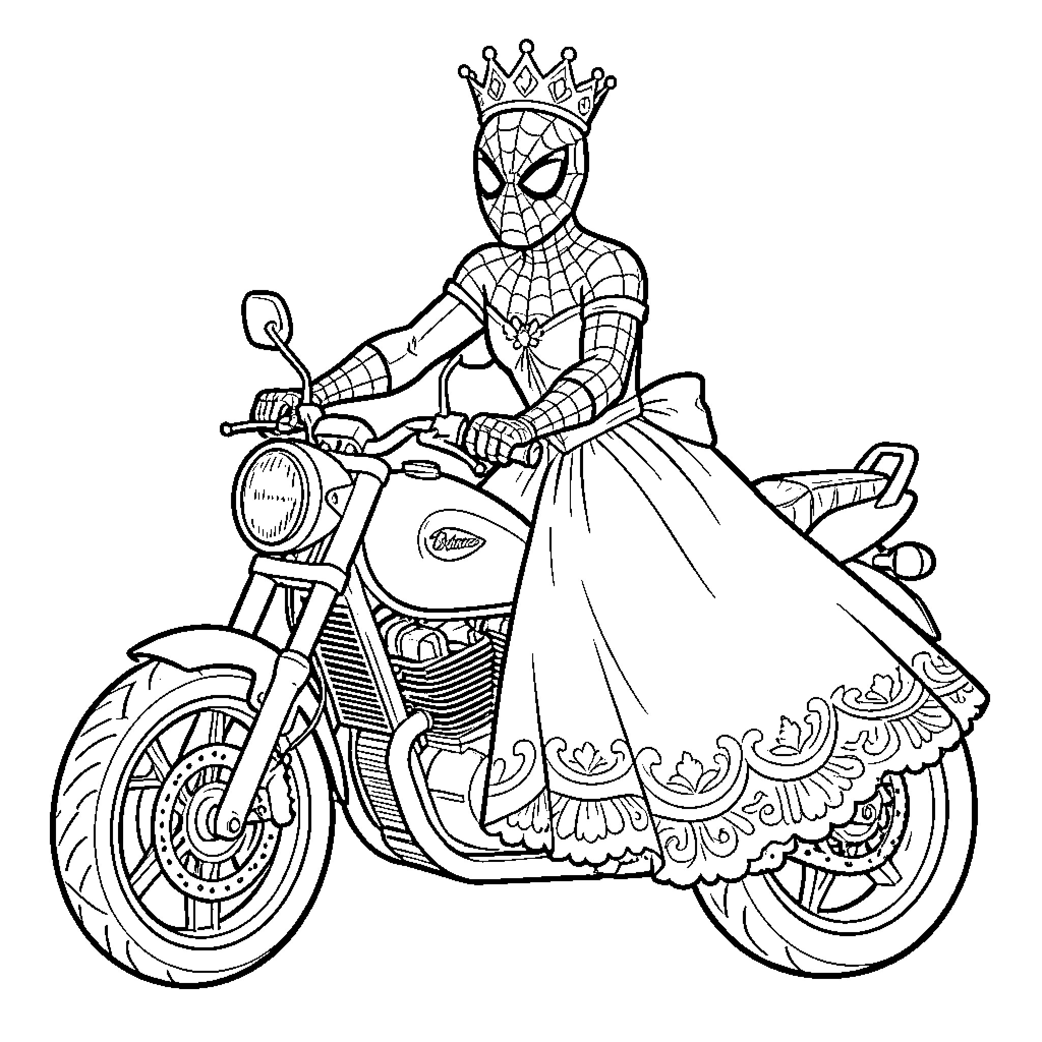 Spiderman wearing a crown and dress riding a motorcycle Coloring Page (free black-and-white line drawing printable PDF for all, from beginners to advanced learners, including children, teens, adults, and seniors)