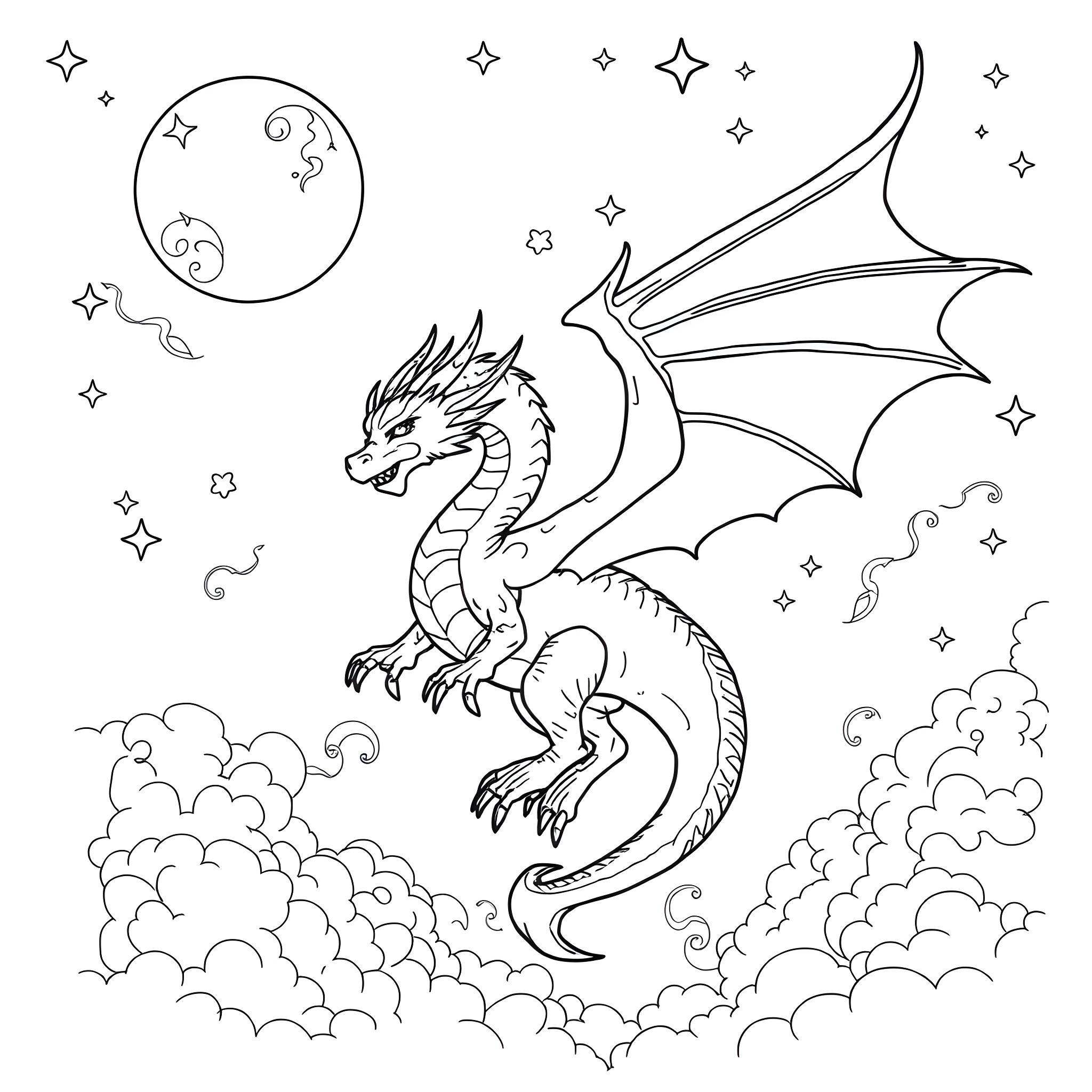 Dragon soaring through the starry night sky Coloring Page (free black-and-white line drawing printable PDF for all, from beginners to advanced learners, including children, teens, adults, and seniors)
