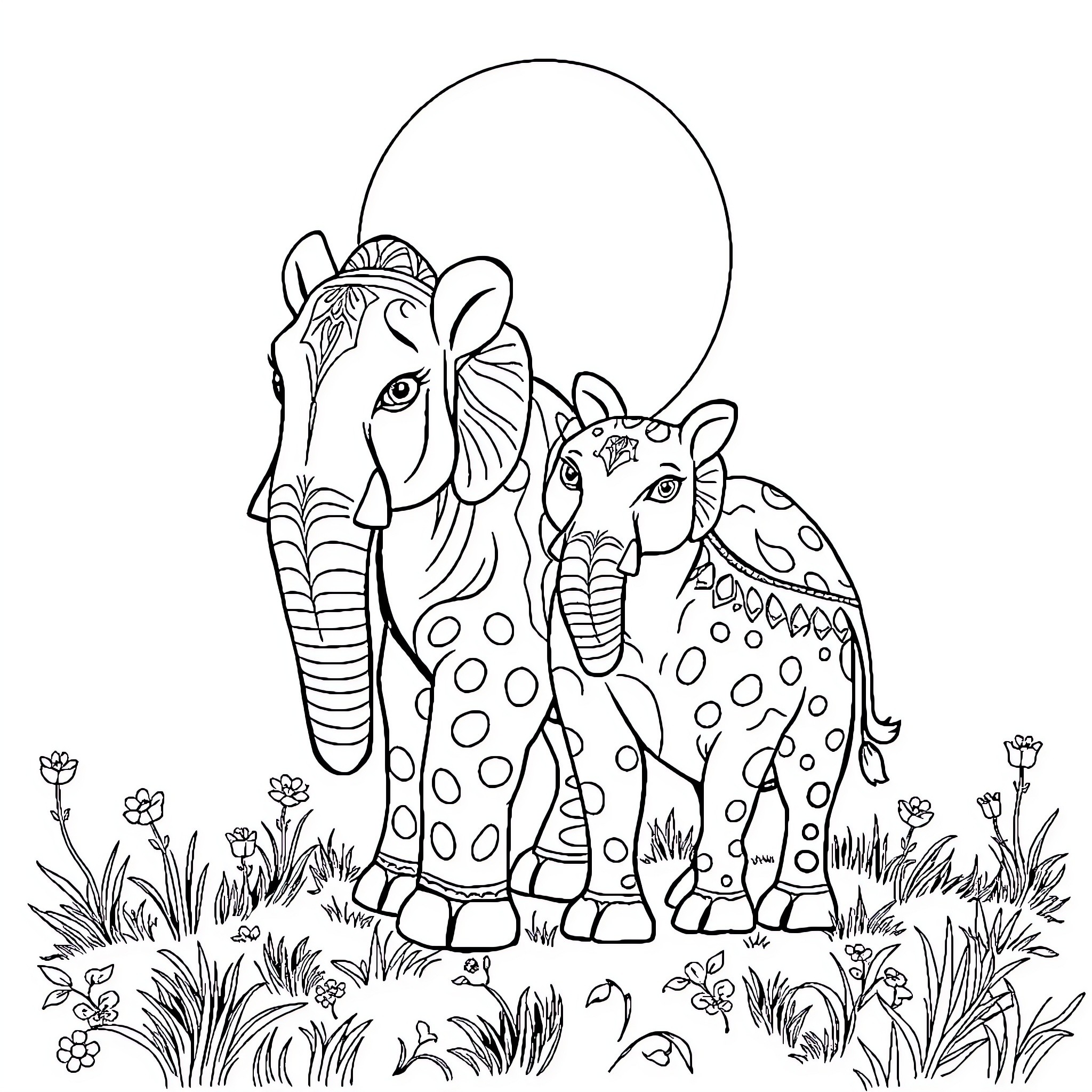 Elephant family in a serene meadow Coloring Page (free black-and-white line drawing printable PDF for all, from beginners to advanced learners, including children, teens, adults, and seniors)