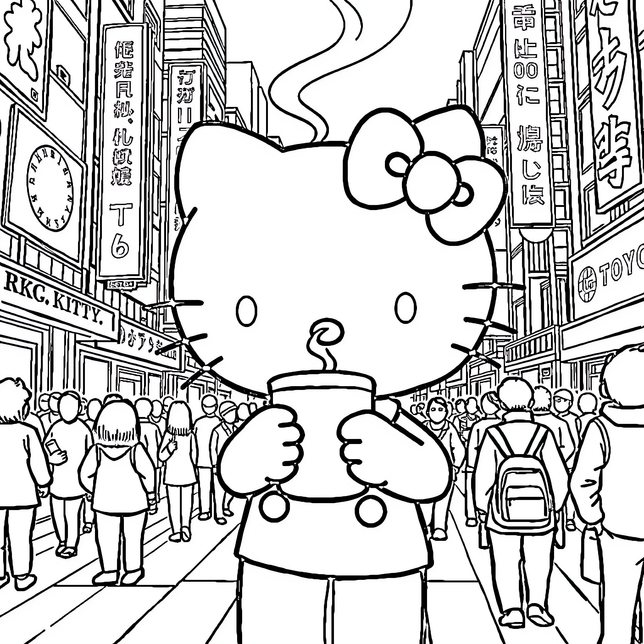 Hello Kitty exploring a busy city street Coloring Page (free black-and-white line drawing printable PDF for all, from beginners to advanced learners, including children, teens, adults, and seniors)