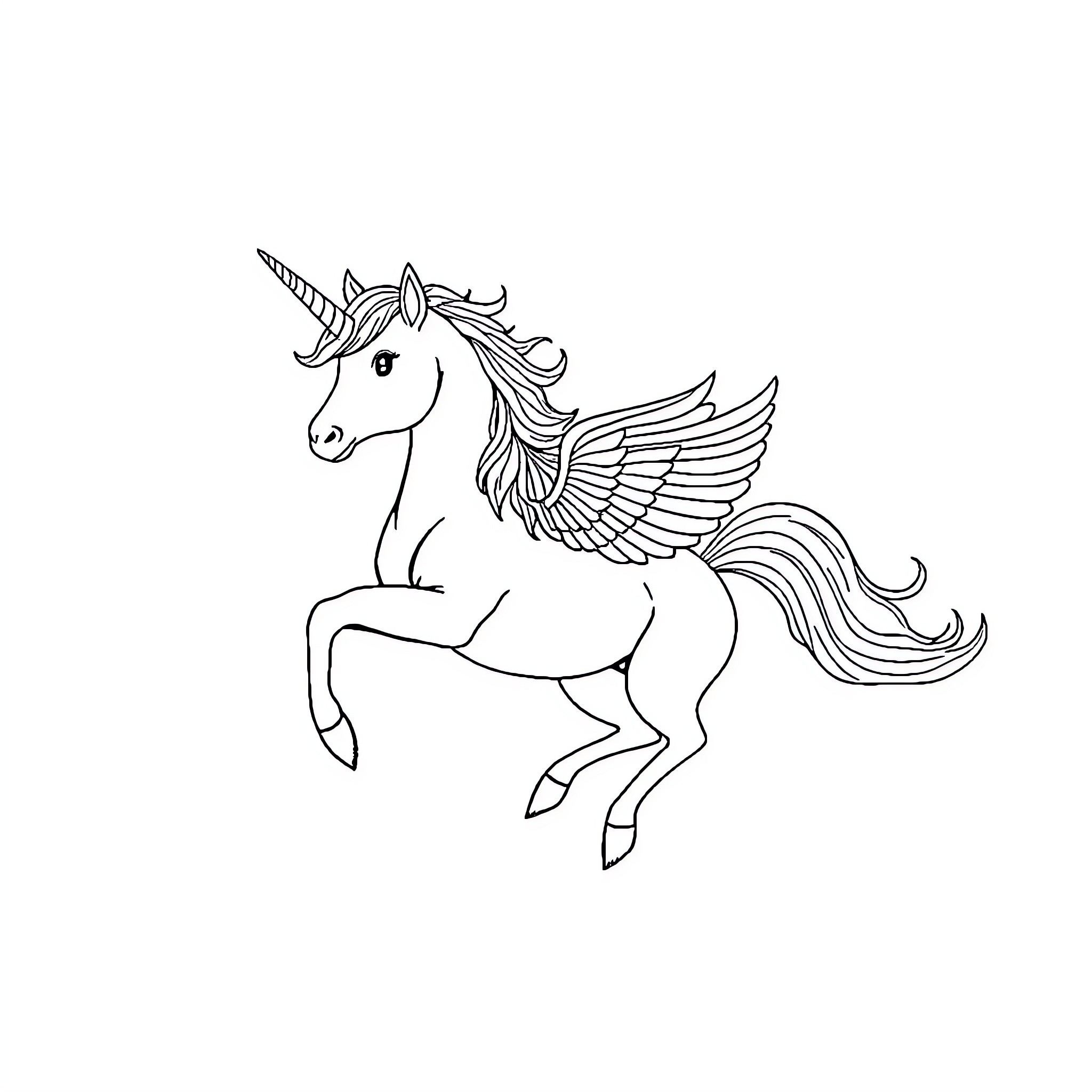 Unicorn with wings soaring gracefully Coloring Page (free black-and-white line drawing printable PDF for all, from beginners to advanced learners, including children, teens, adults, and seniors)